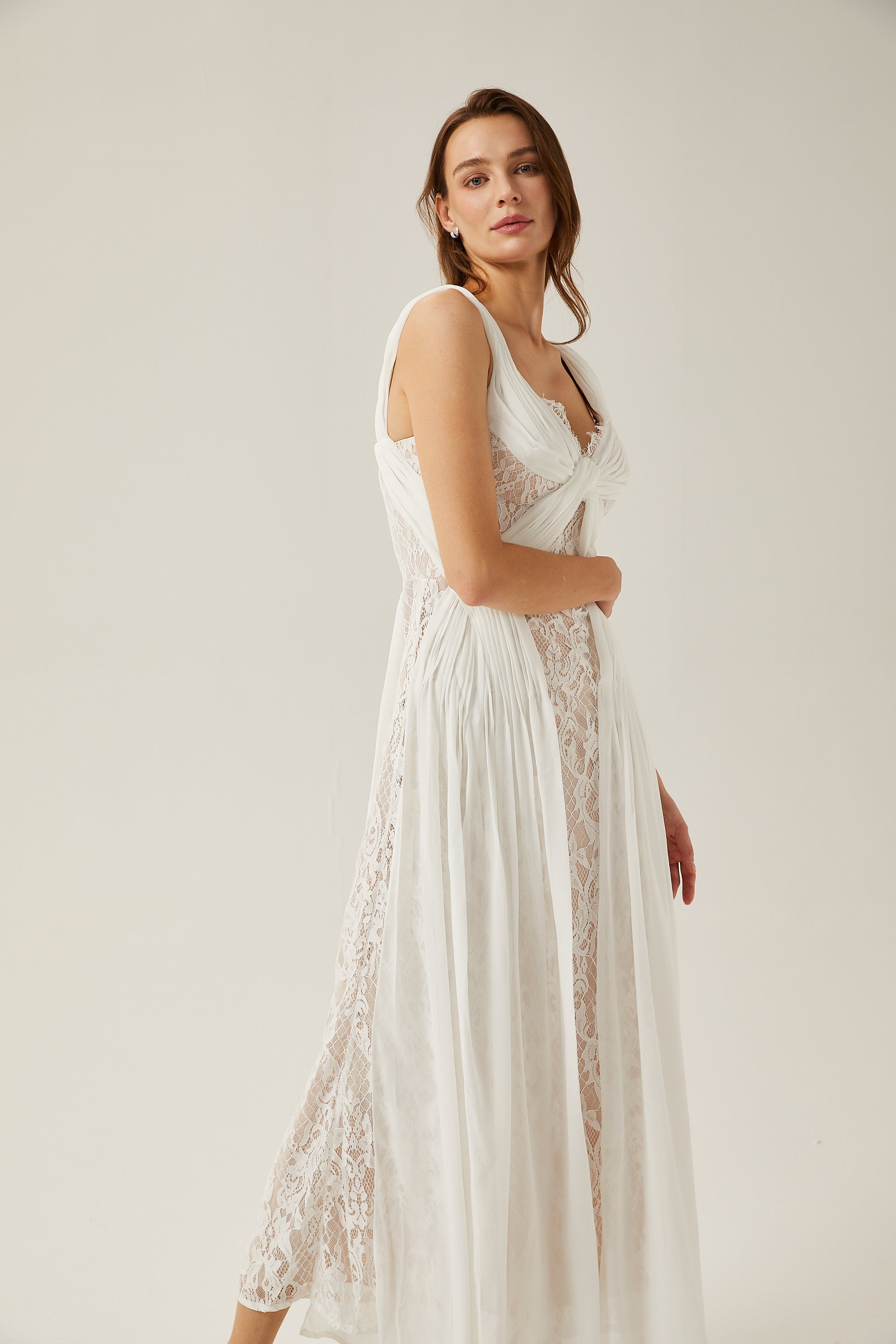 Arantxa white lace pleated maxi dress