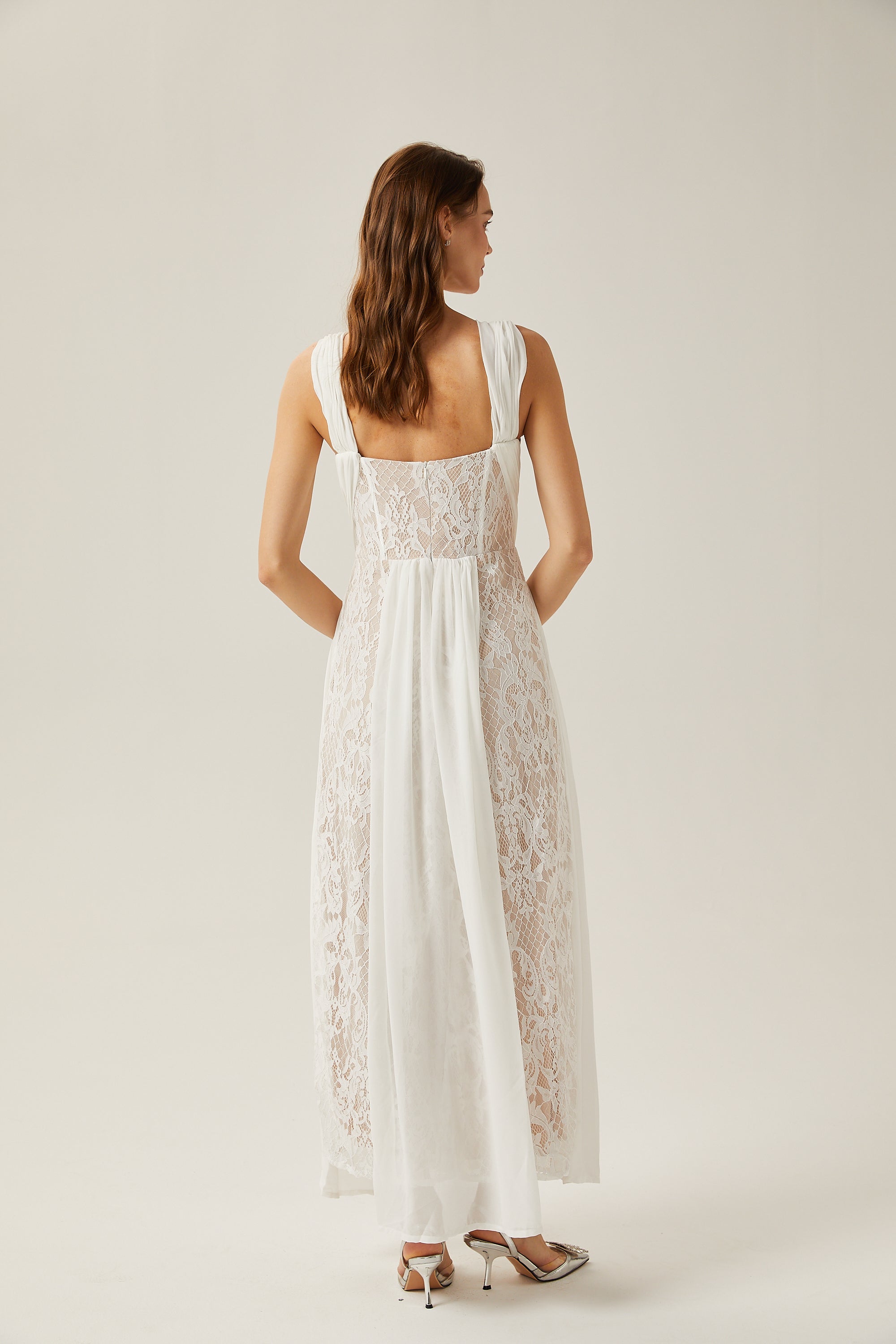 Arantxa white lace pleated maxi dress