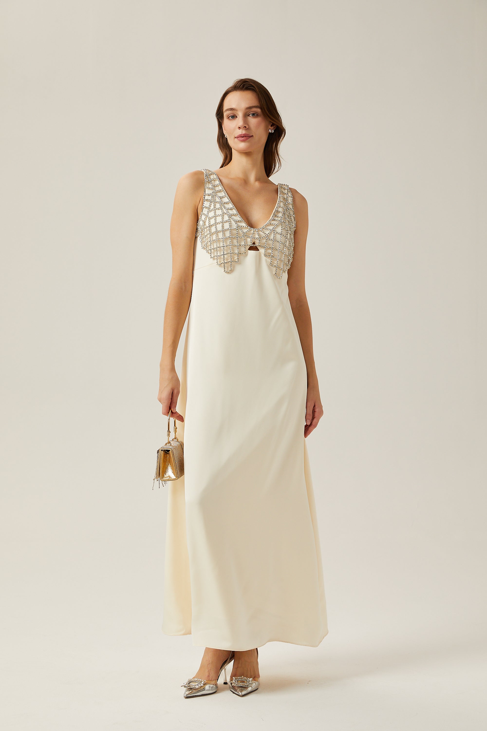 Sylvie white mesh-design satin maxi dress