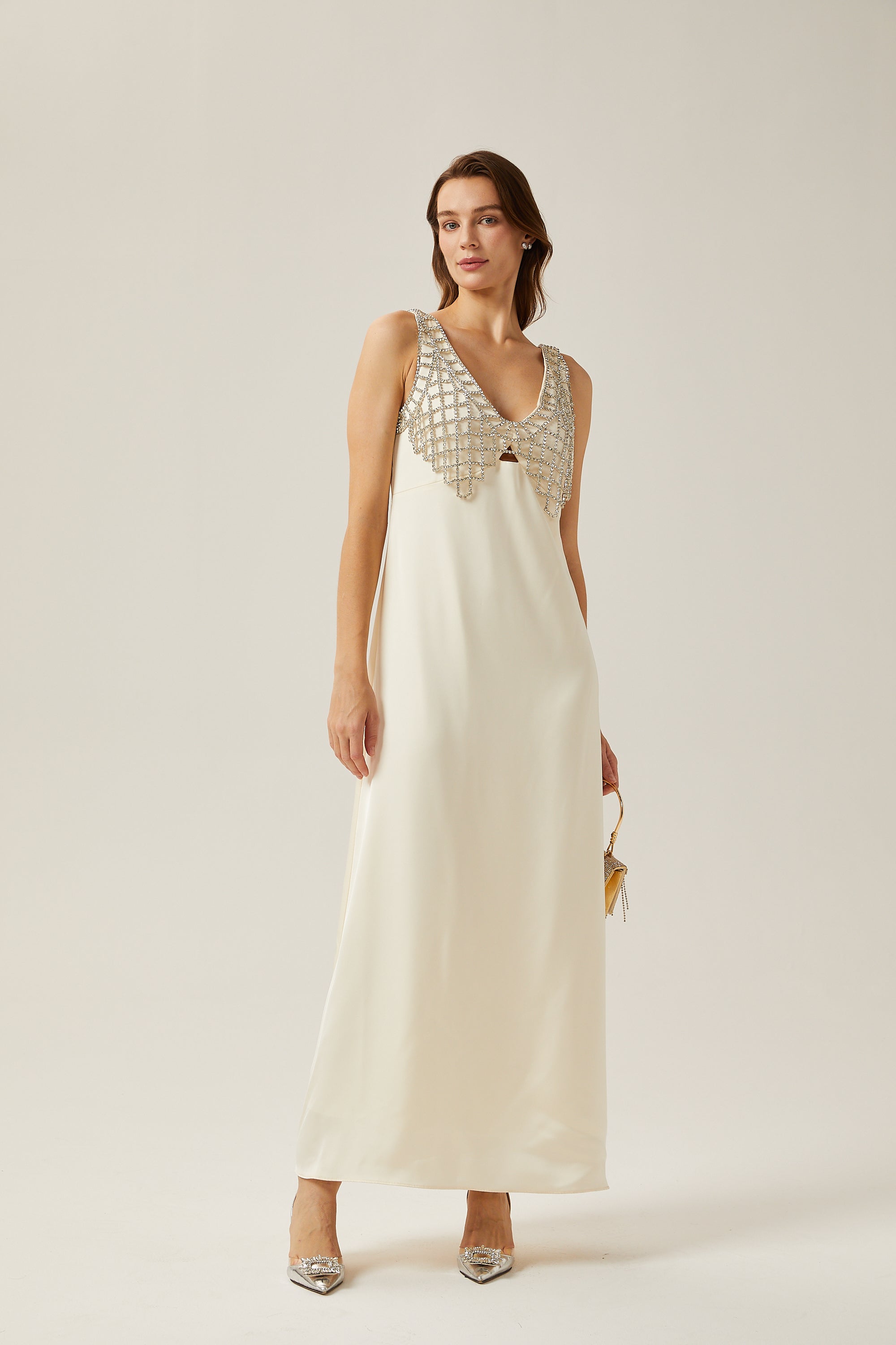 Sylvie white mesh-design satin maxi dress