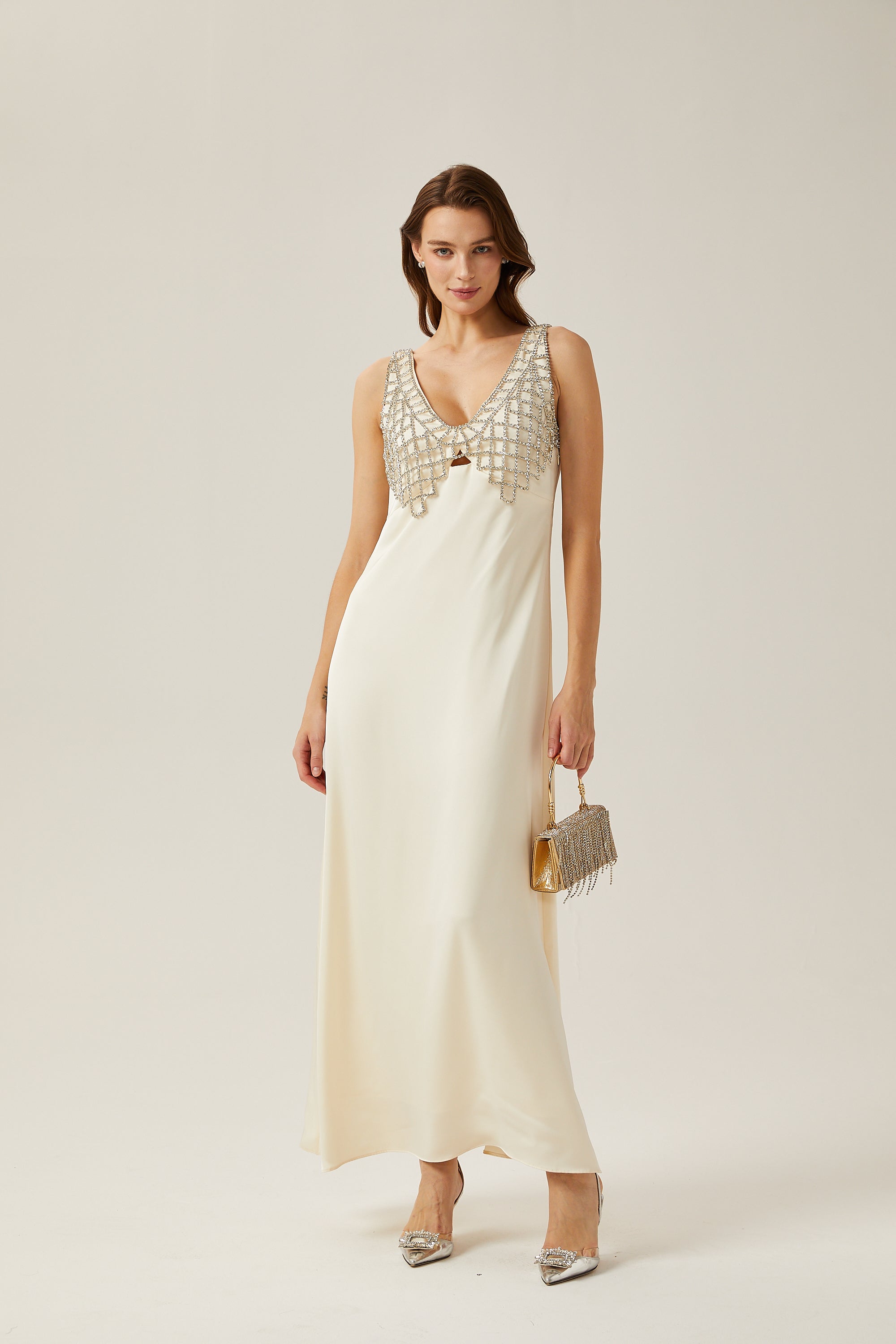 Sylvie white mesh-design satin maxi dress