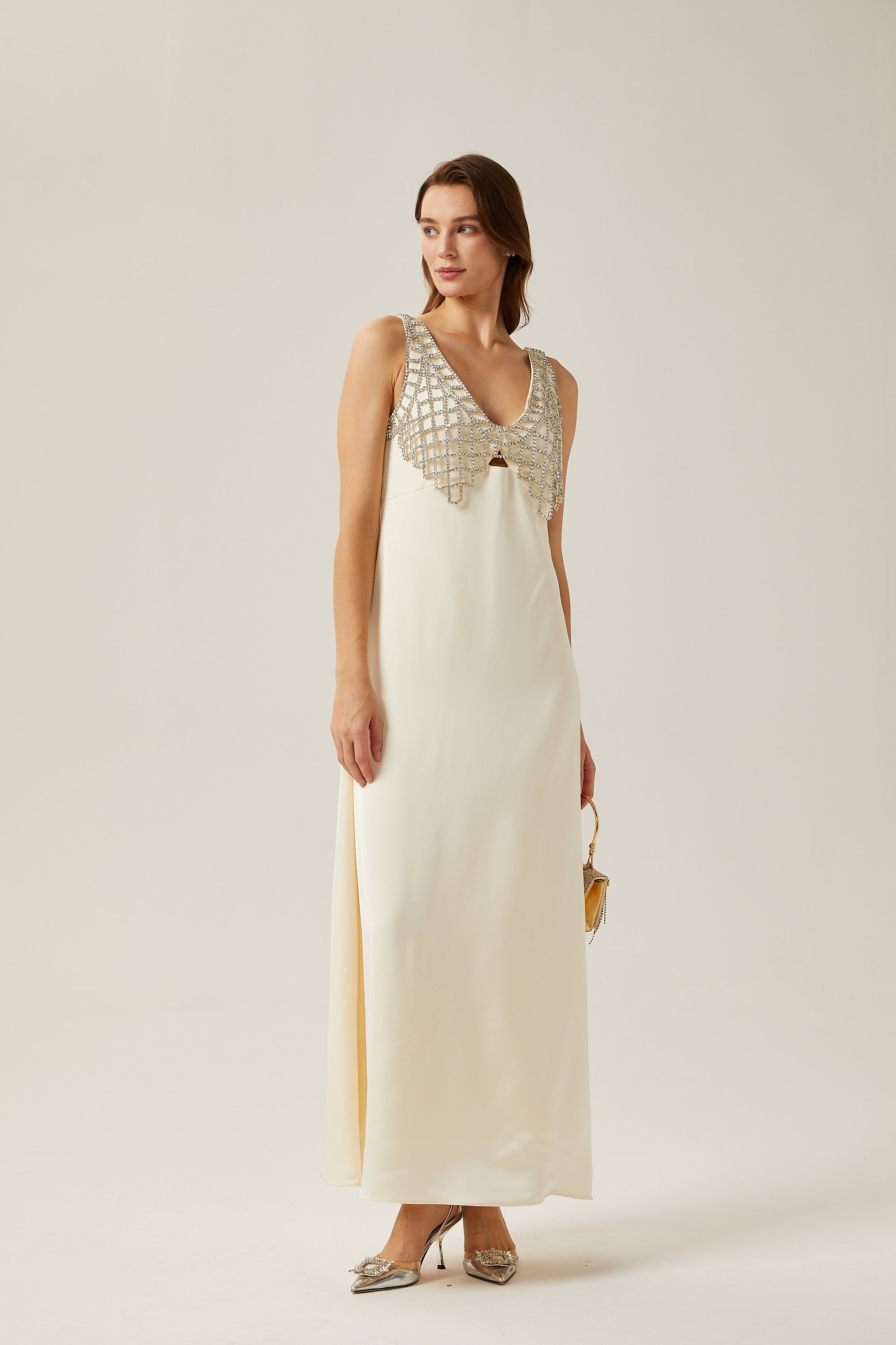 Sylvie white mesh-design satin maxi dress