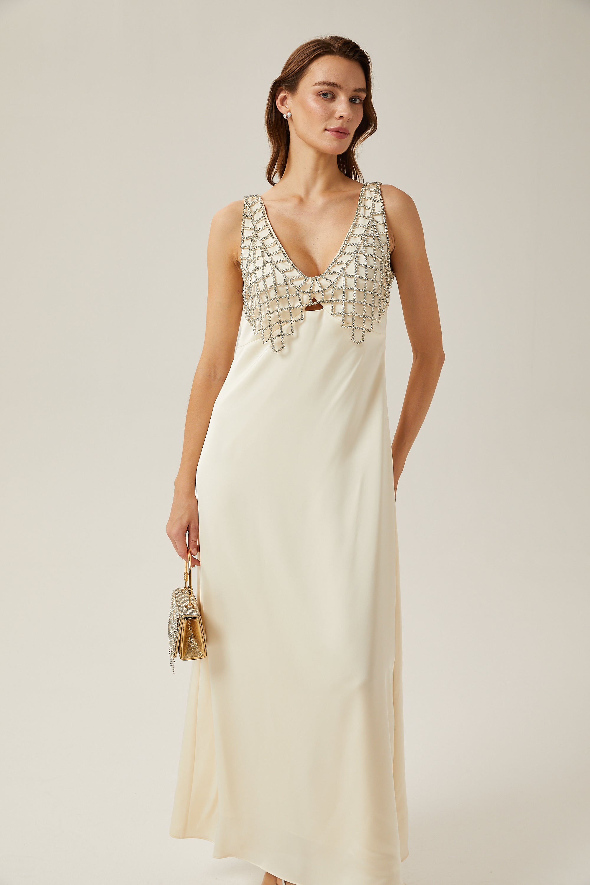 Sylvie white mesh-design satin maxi dress