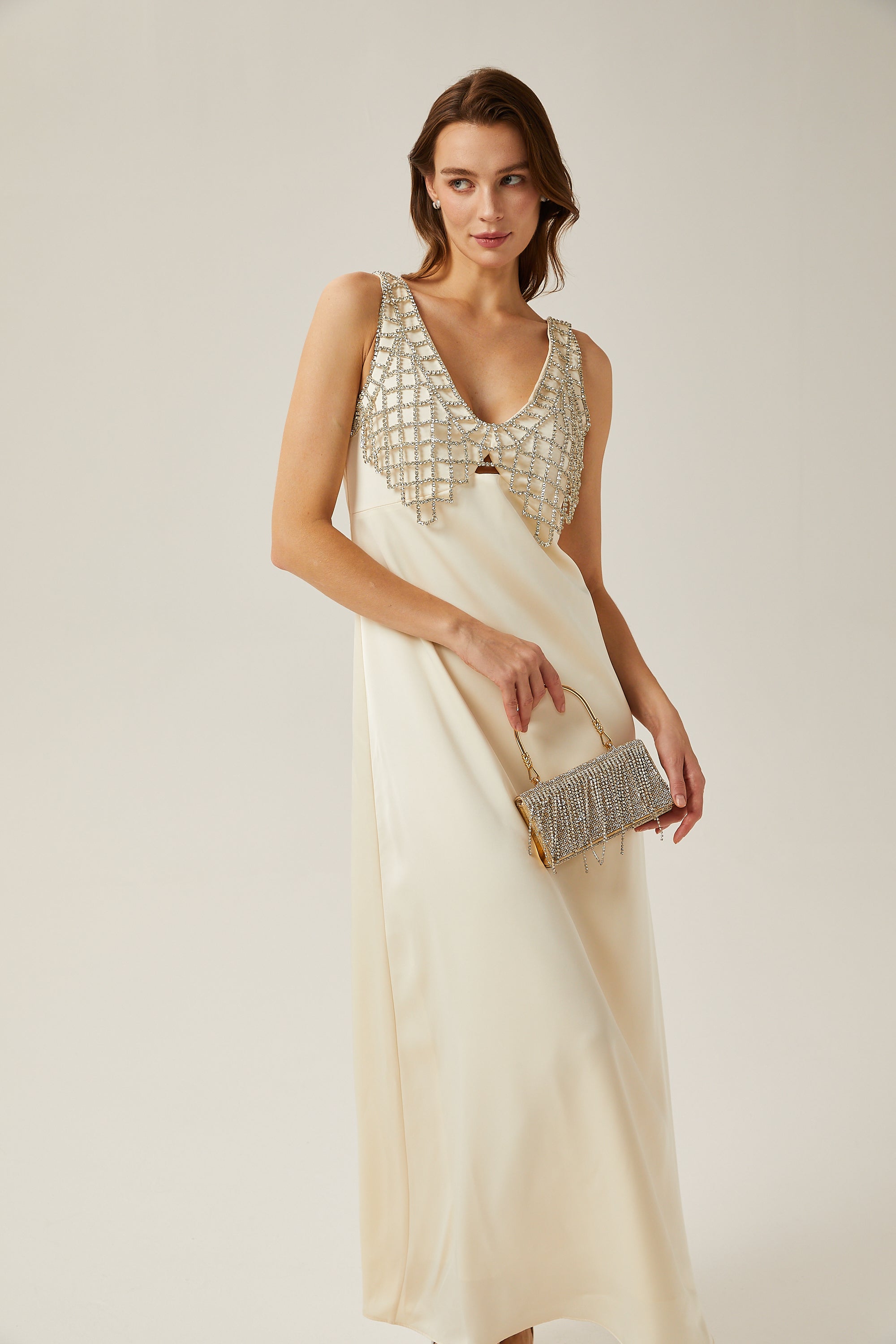 Sylvie white mesh-design satin maxi dress