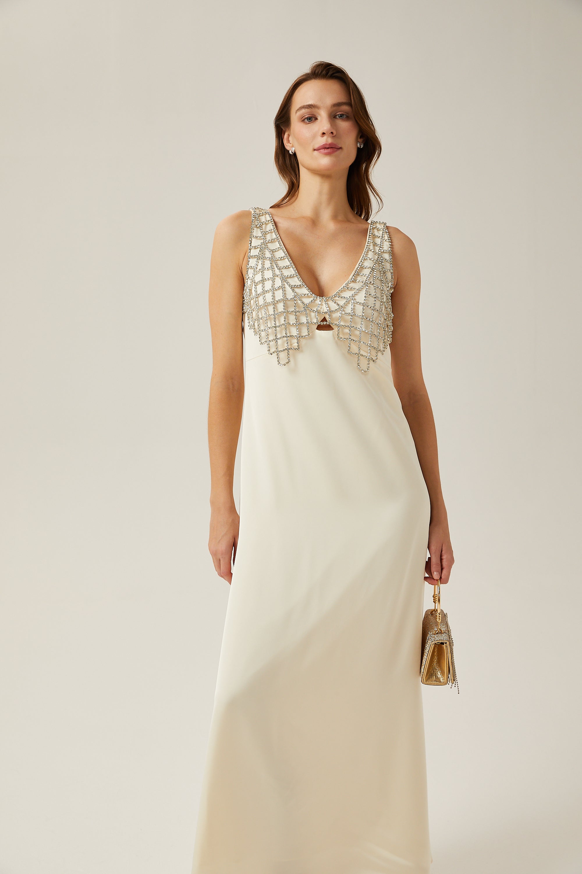 Sylvie white mesh-design satin maxi dress