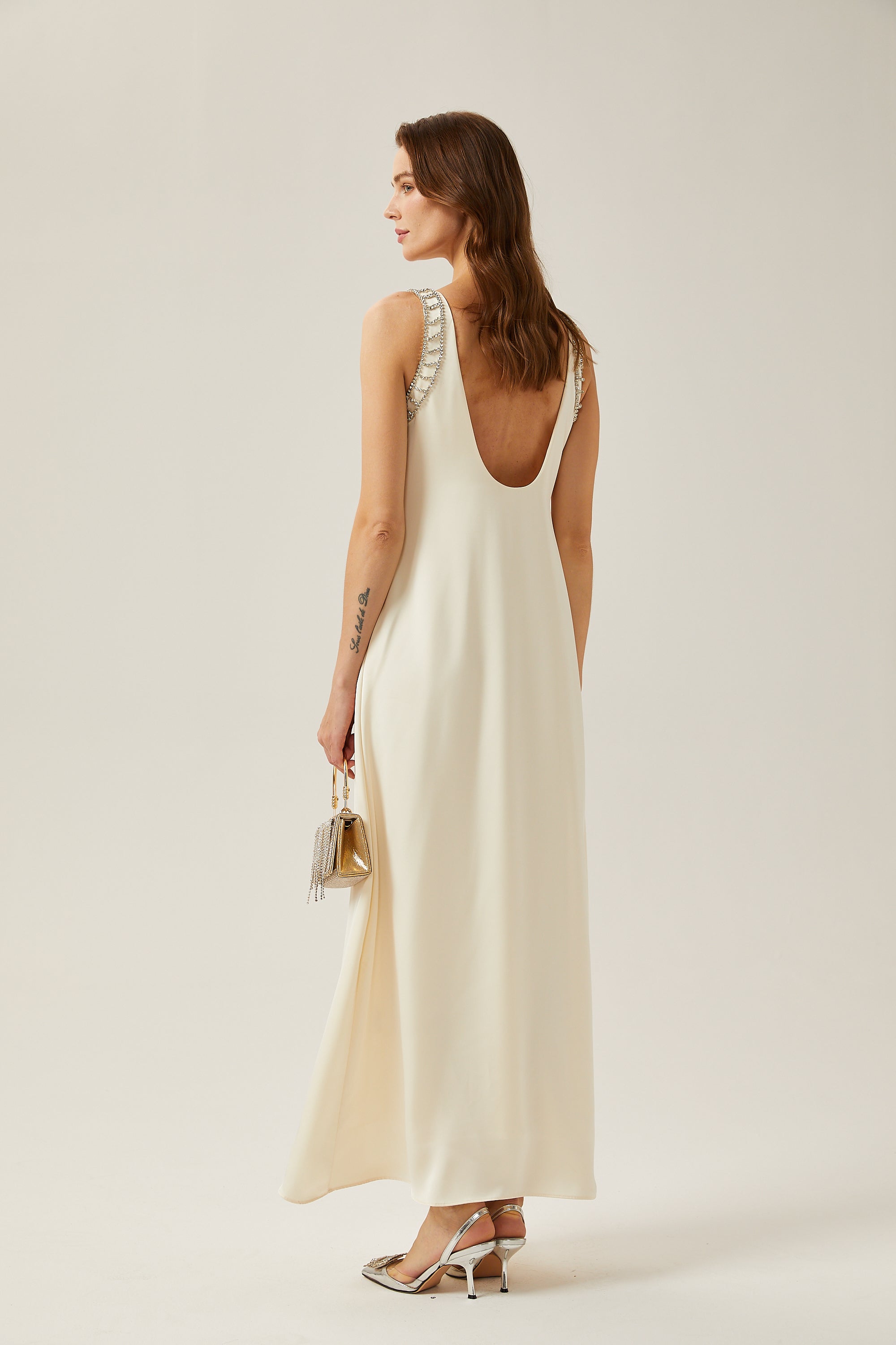 Sylvie white mesh-design satin maxi dress