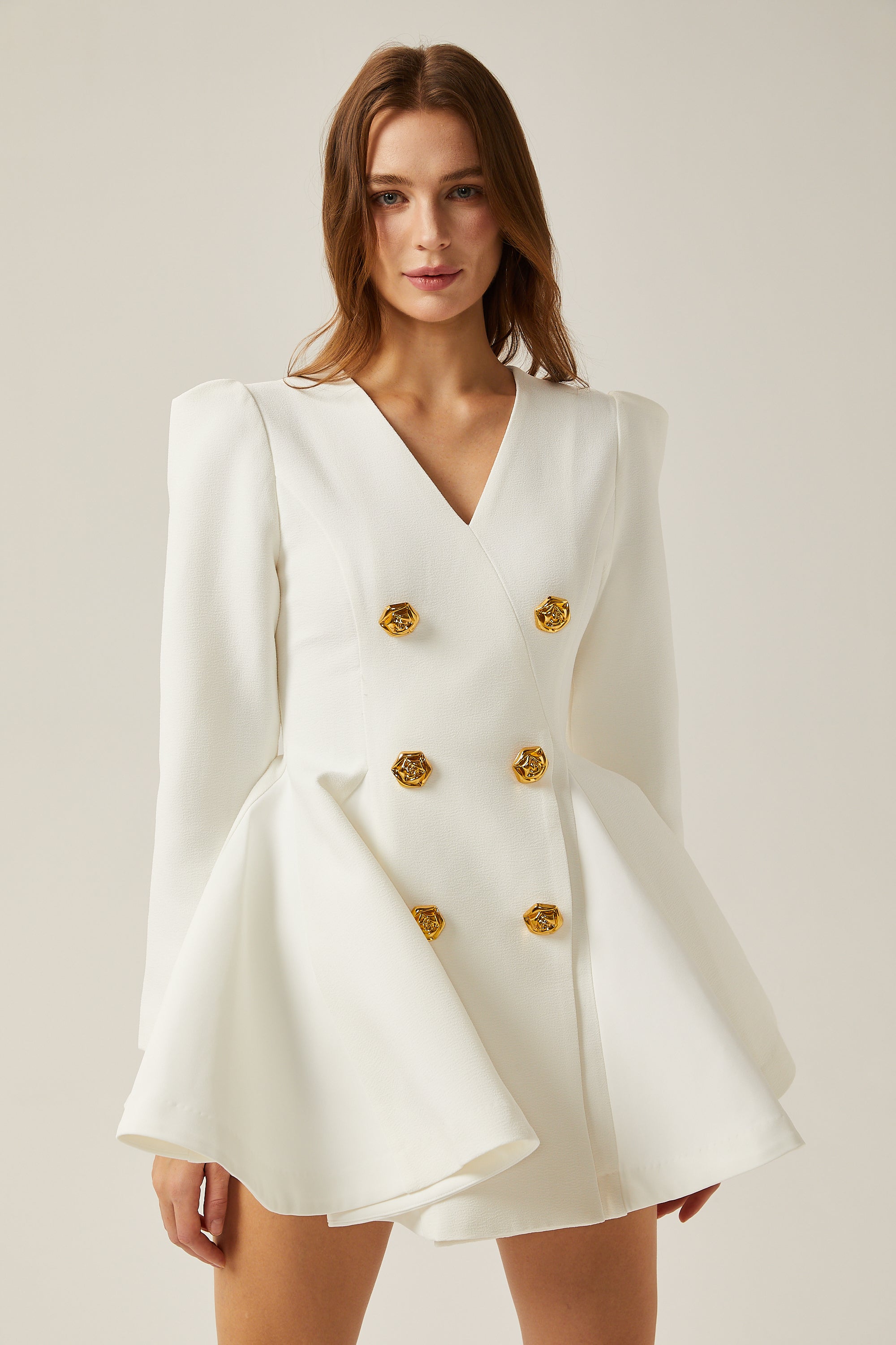 Élise white pleated peplum-hem blazer dress