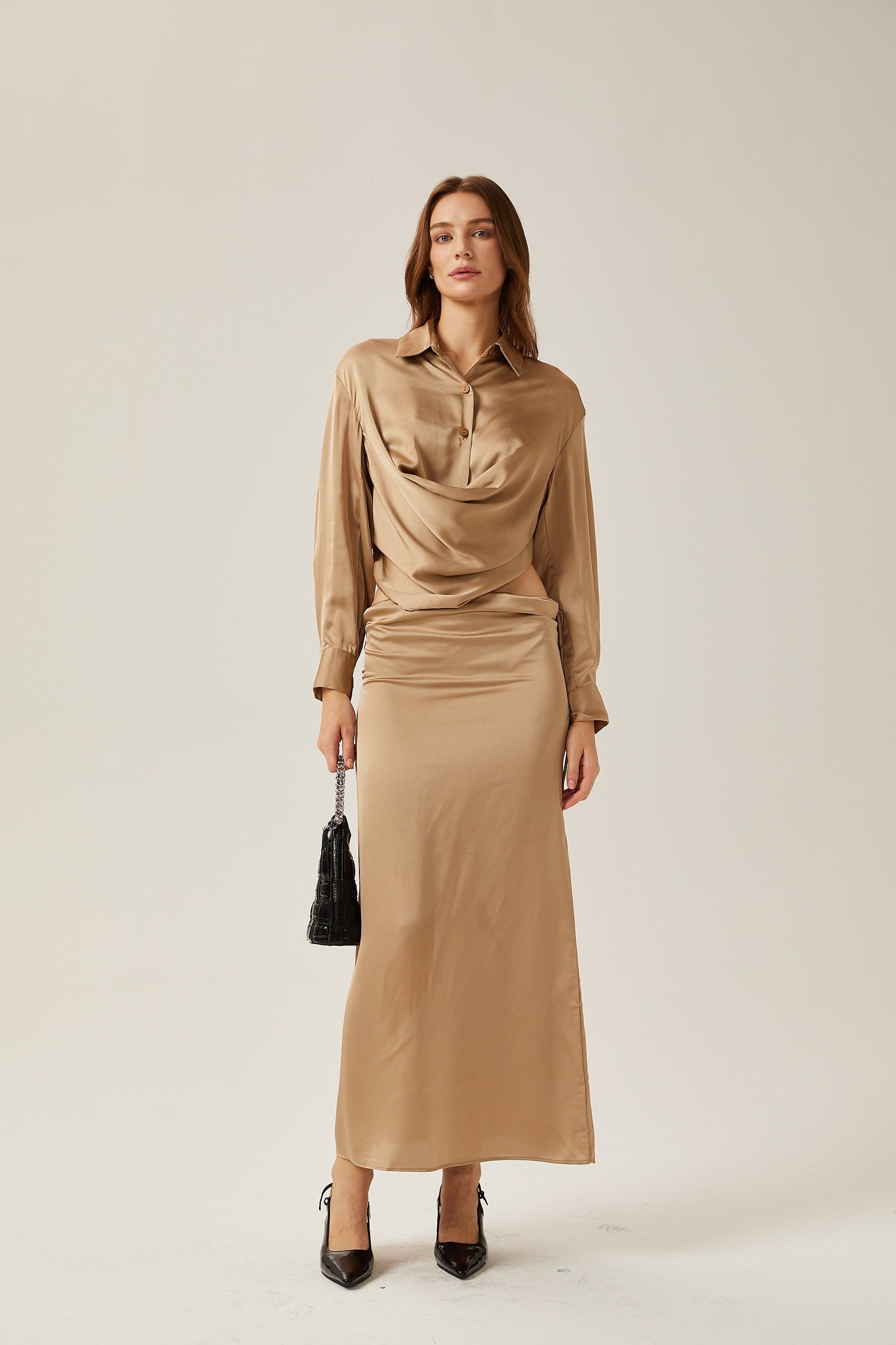 Penelope gold satin blouse & skirt matching set