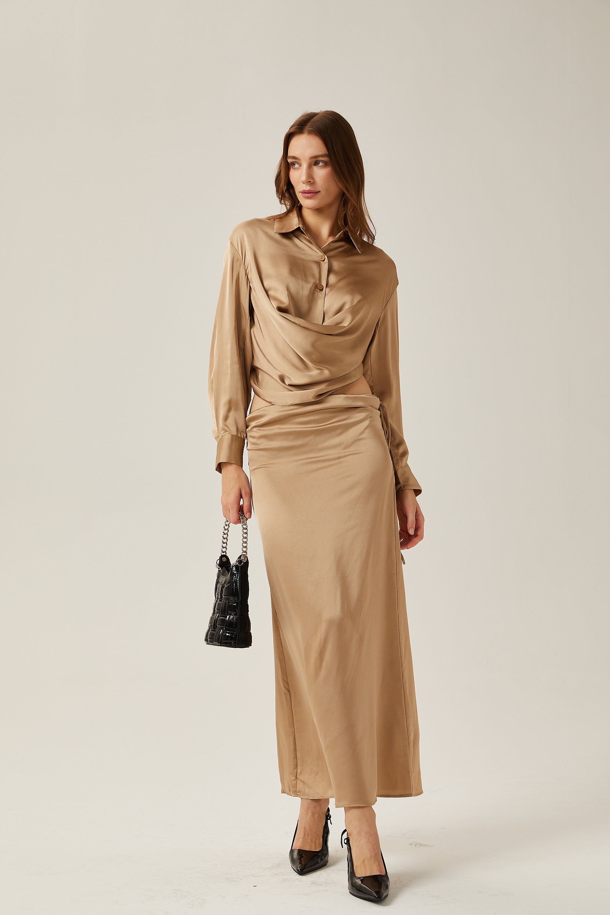 Penelope gold satin blouse & skirt matching set