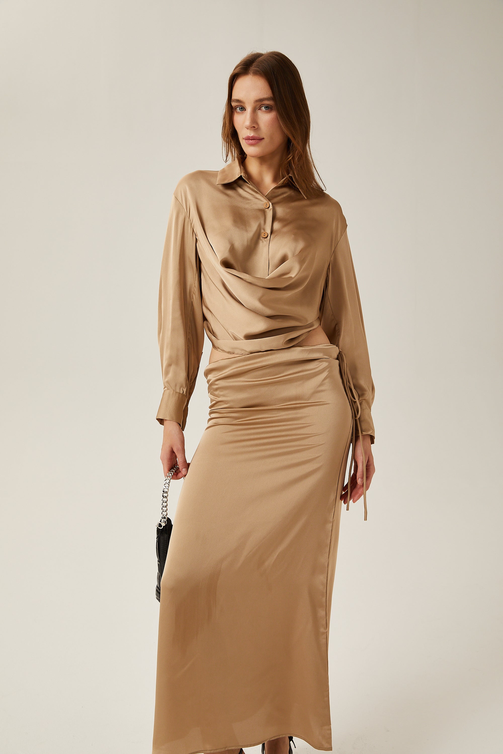 Penelope gold satin blouse & skirt matching set