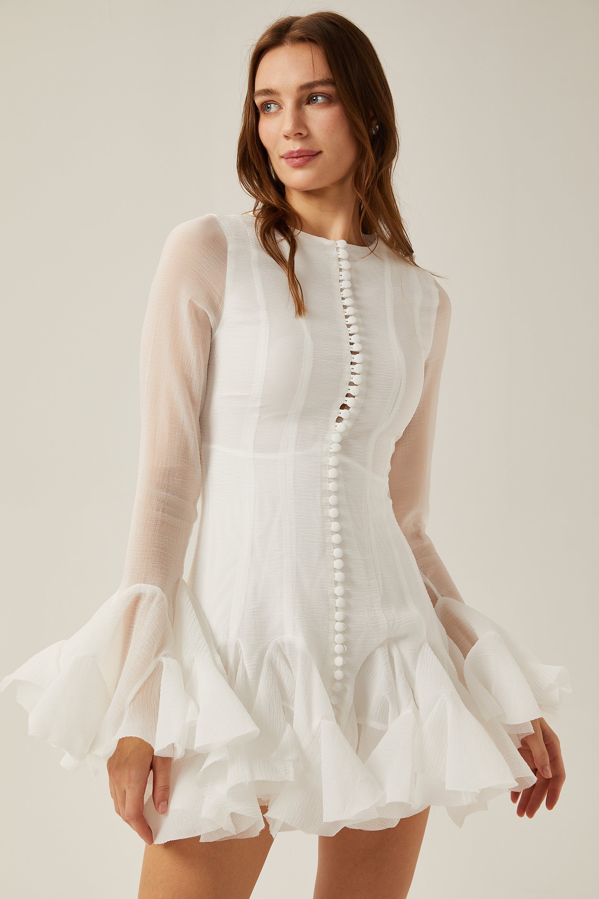 Anaïs white semi-sheer flared mini dress