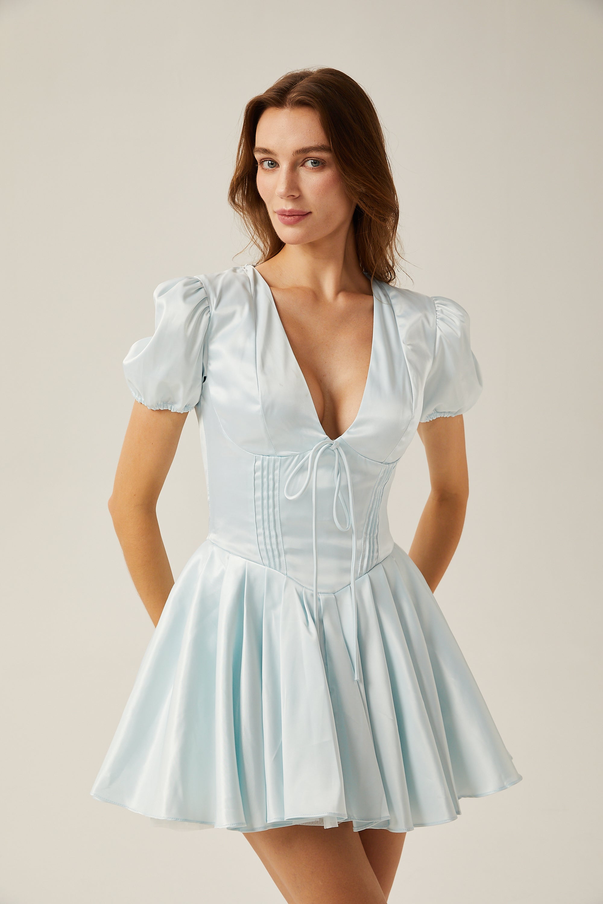 Isadora blue pleated tulle corset mini dress