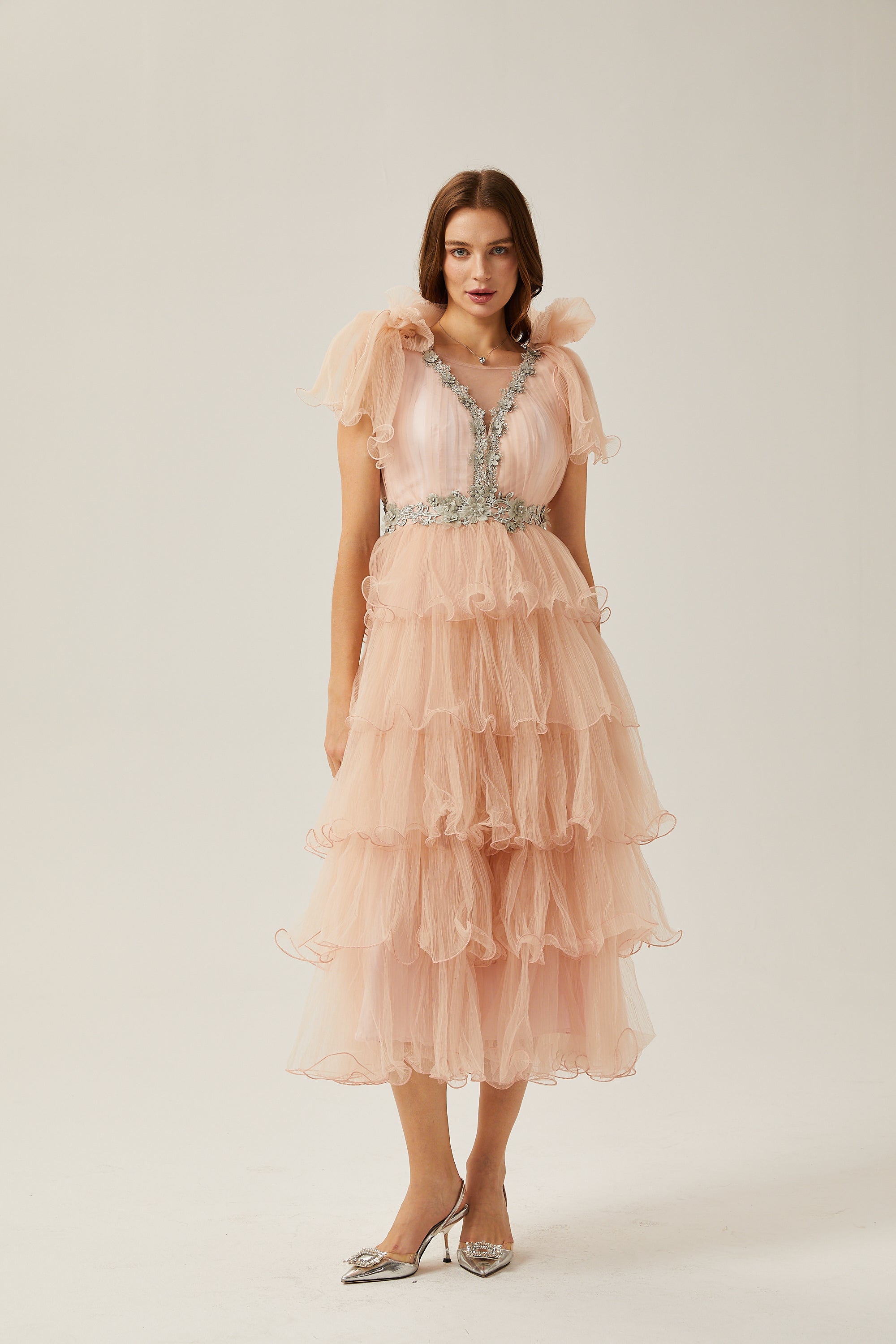 Suzette crystal-embellished tiered midi dress