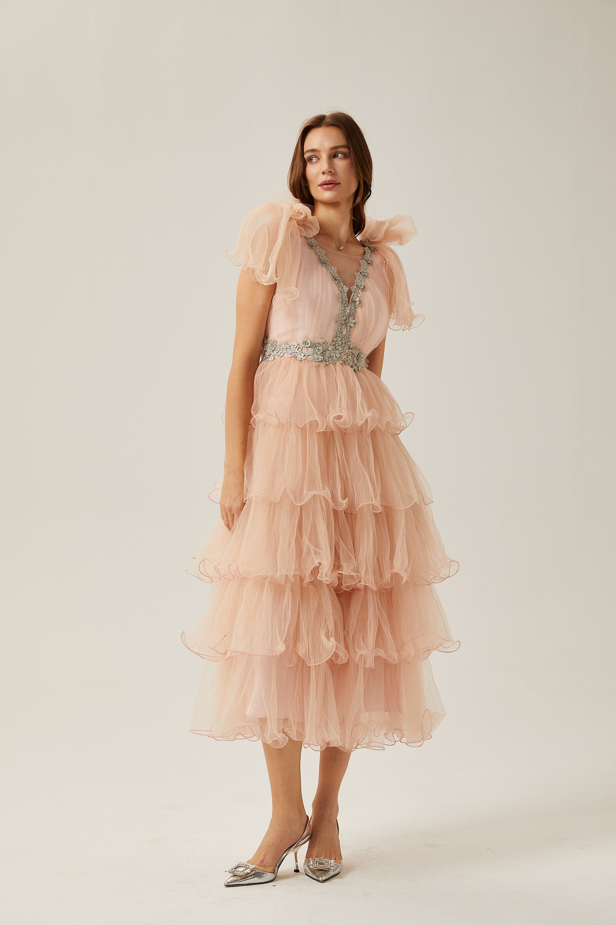 Suzette crystal-embellished tiered midi dress