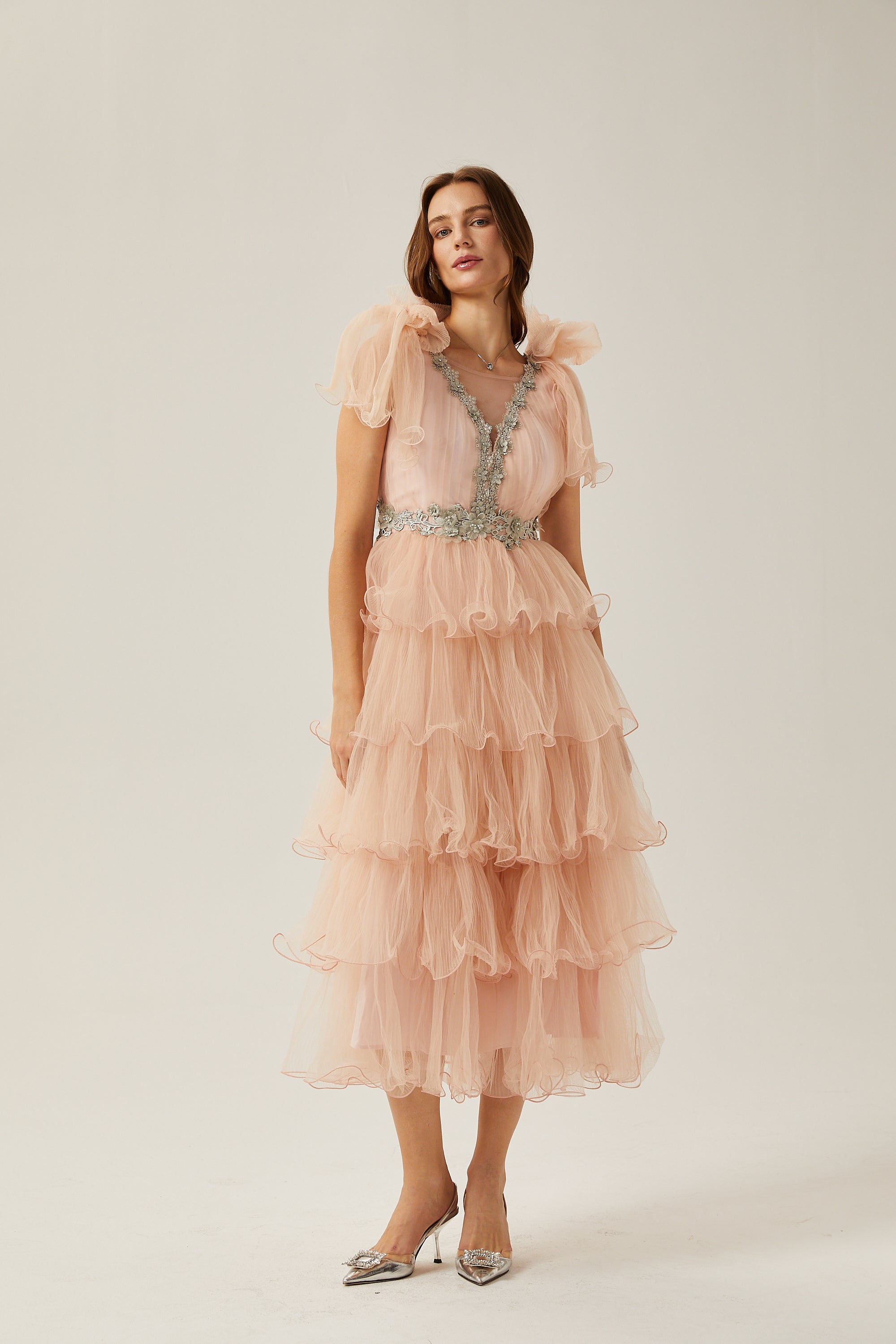 Suzette crystal-embellished tiered midi dress