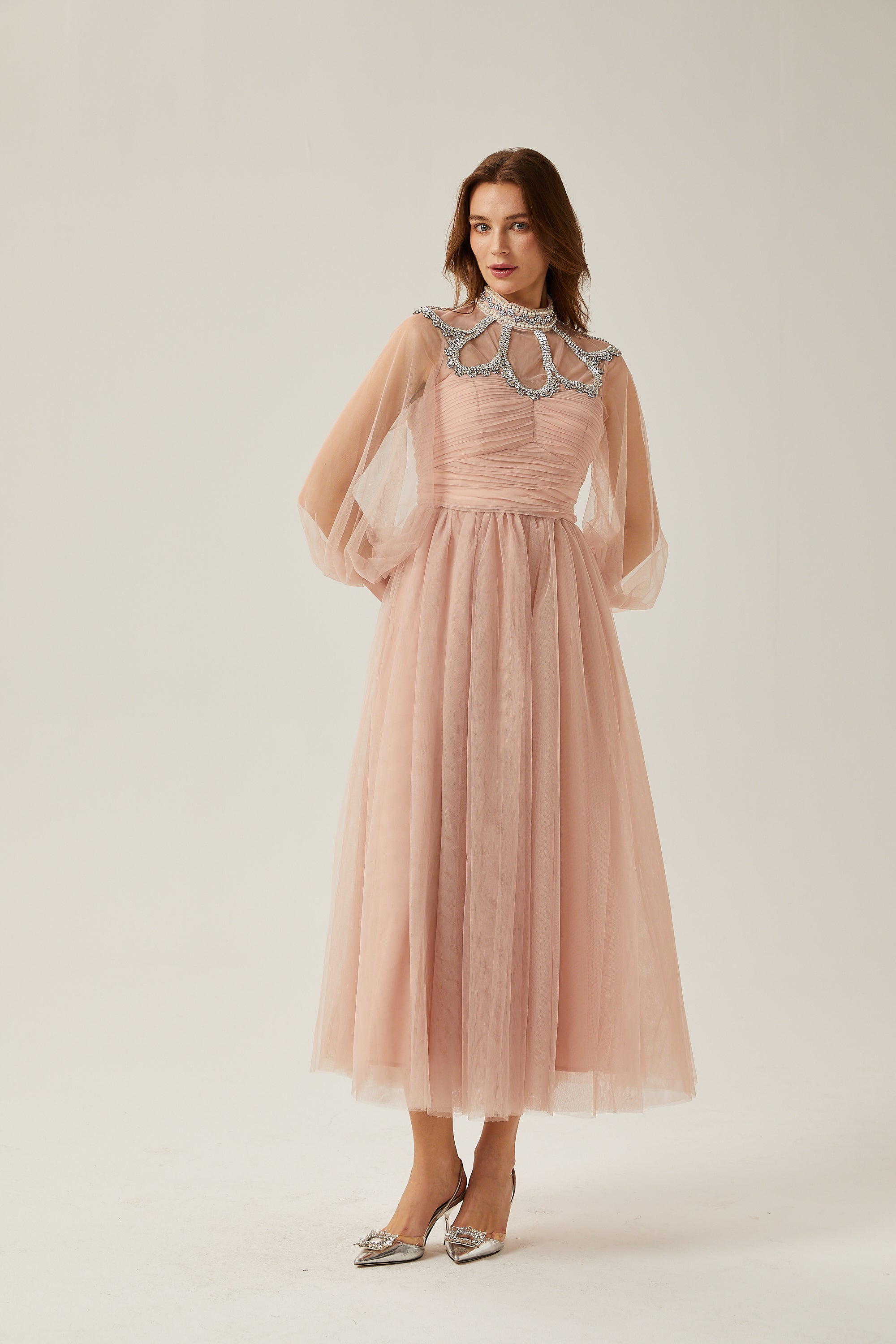 Calixte pink embellished tulle midi dress