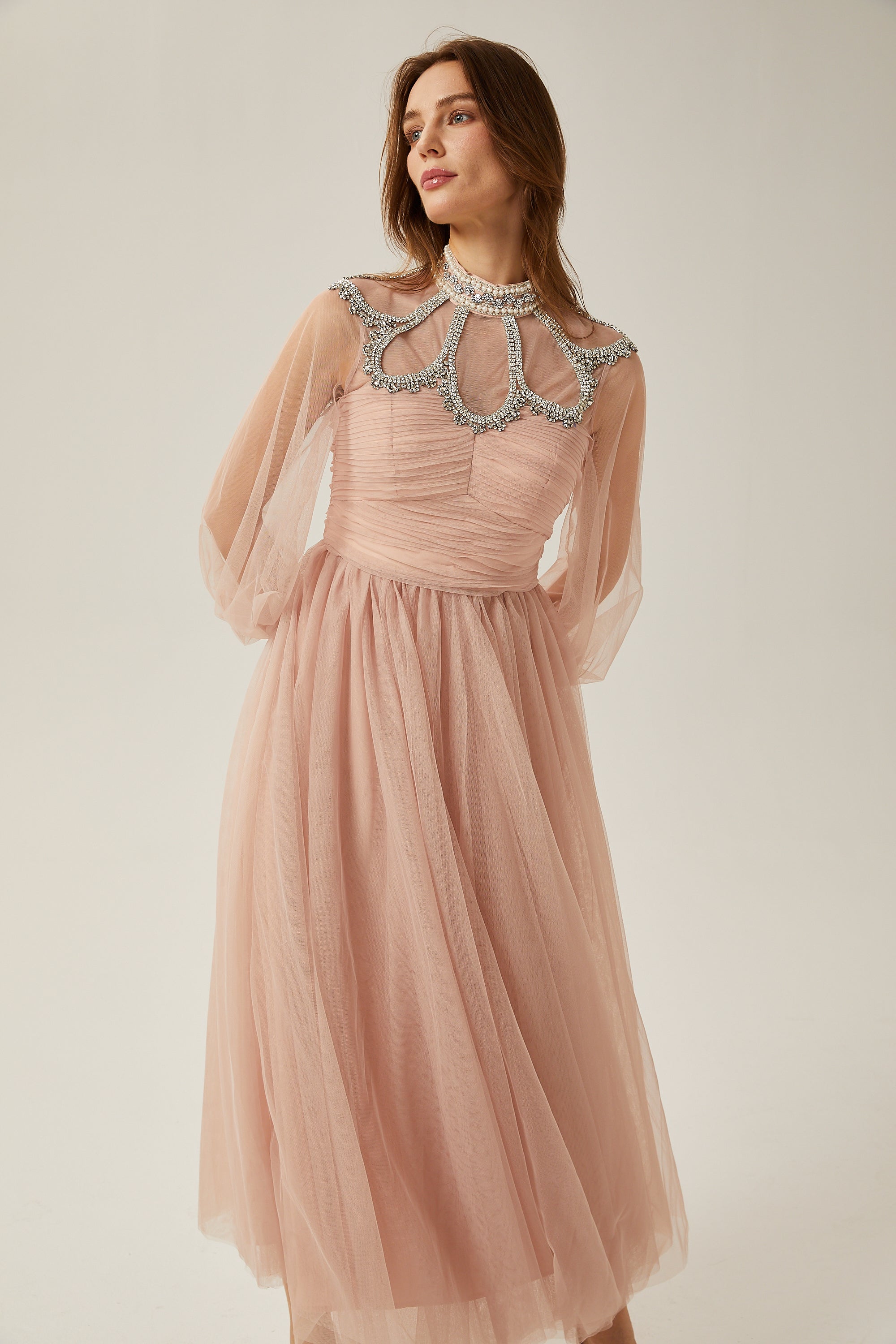 Calixte pink embellished tulle midi dress