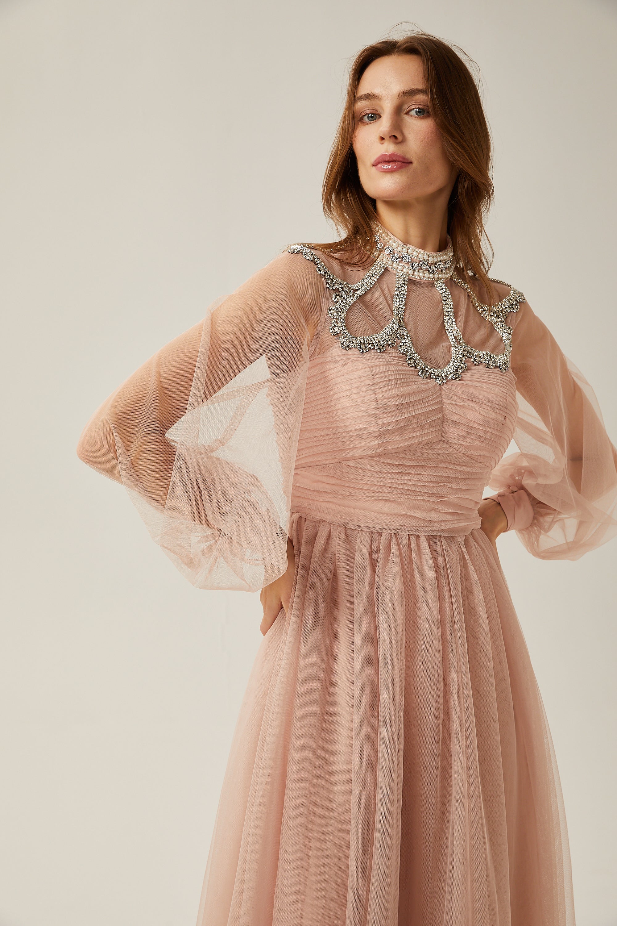 Calixte pink embellished tulle midi dress