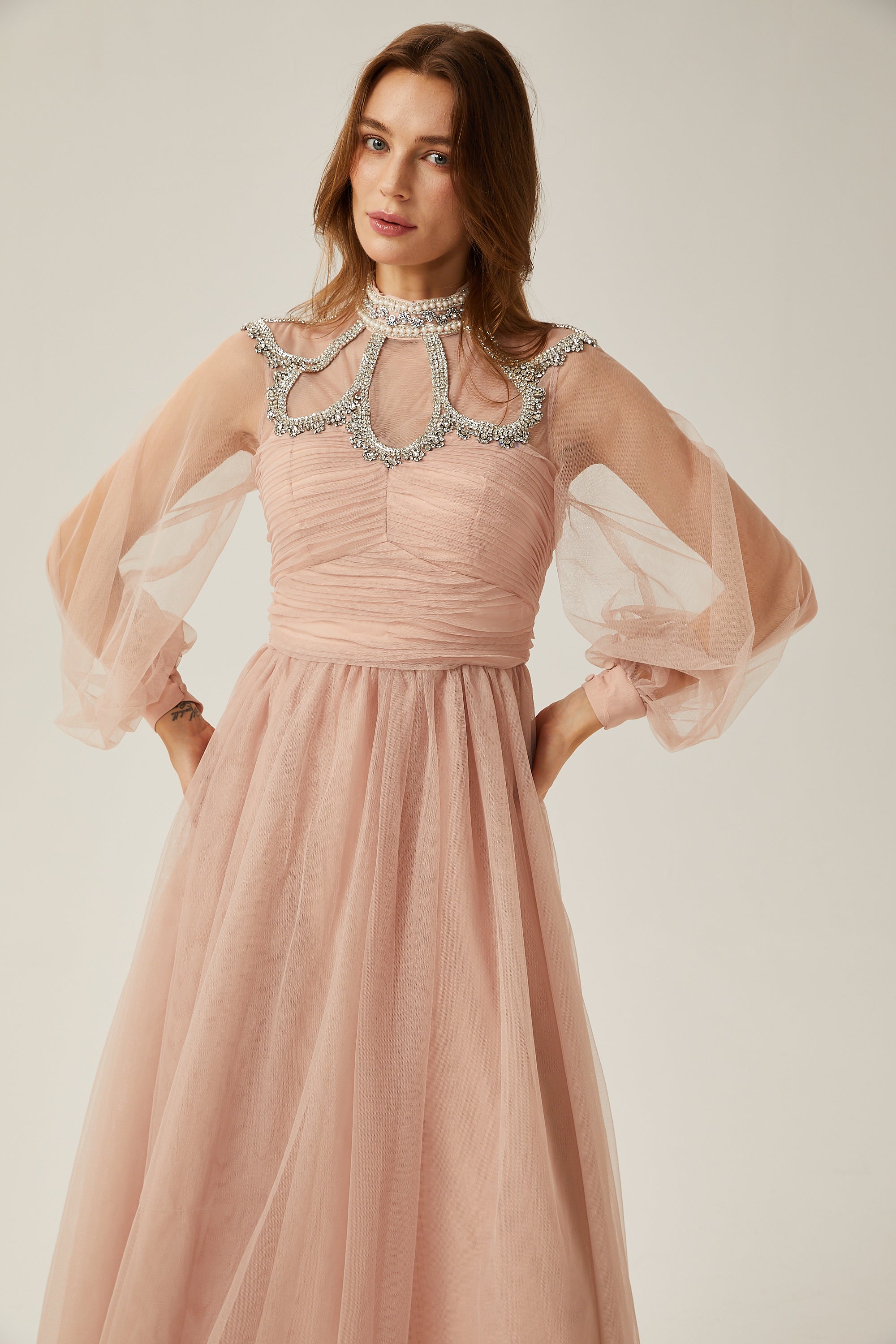 Calixte pink embellished tulle midi dress