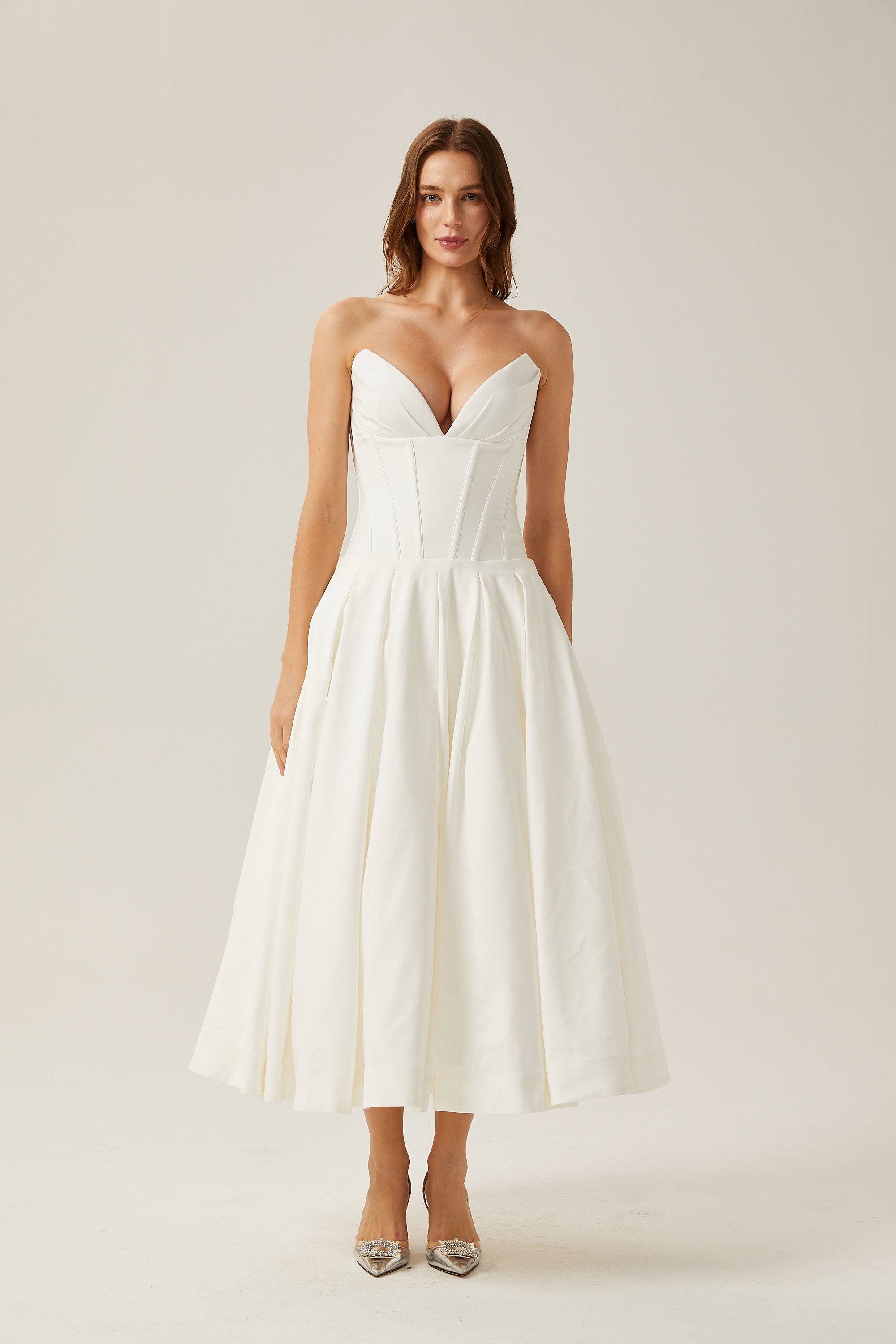 Katherine off-shoulder corset midi dress in White