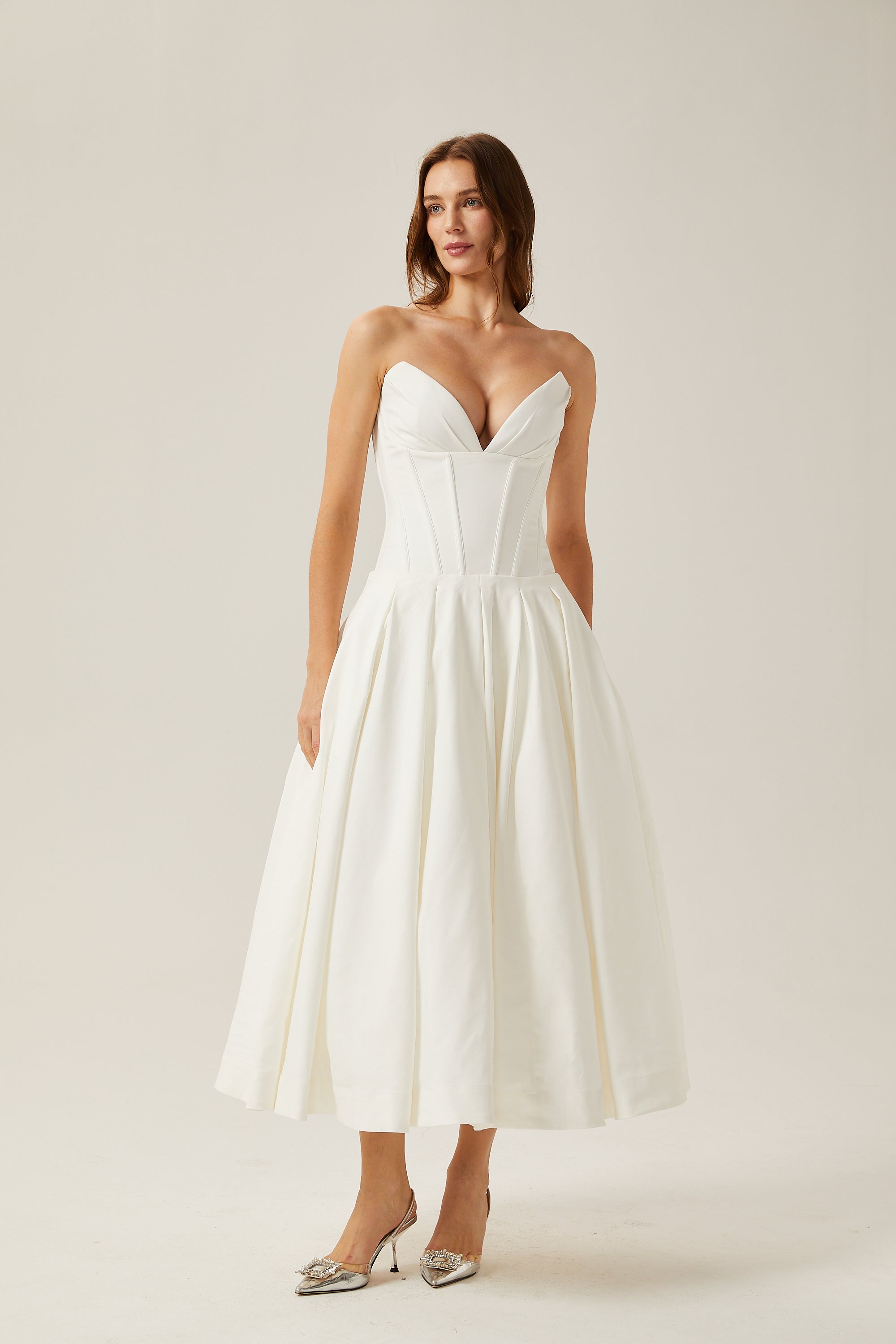 Katherine off-shoulder corset midi dress in White