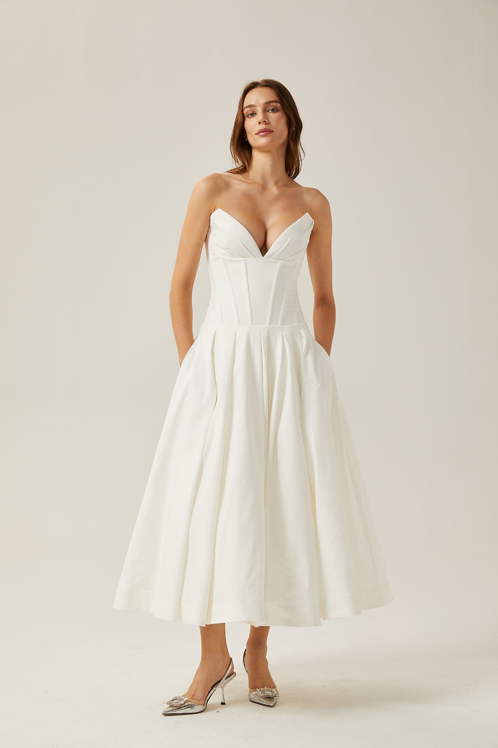 Katherine off-shoulder corset midi dress in White