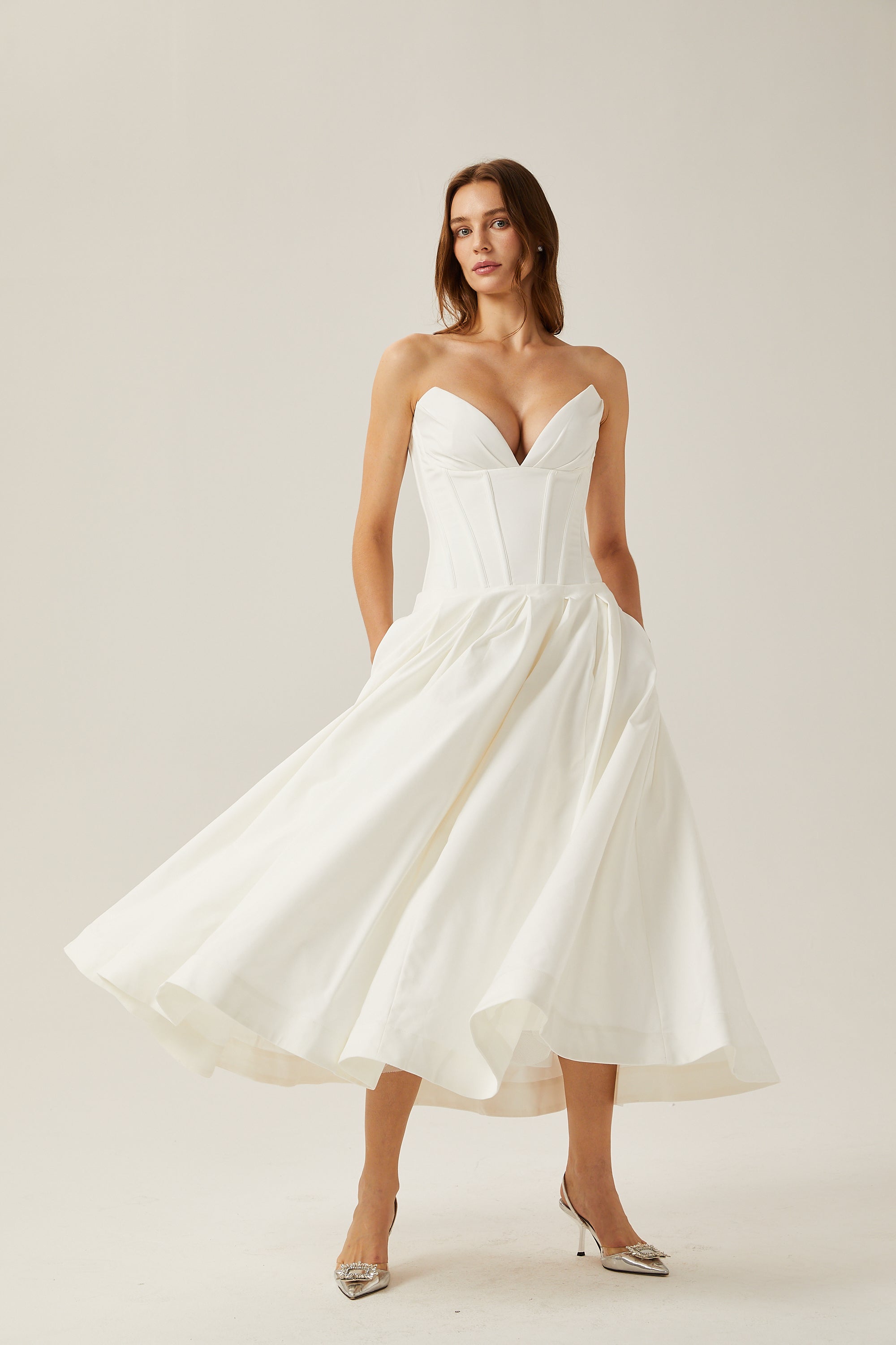 Katherine off-shoulder corset midi dress in White