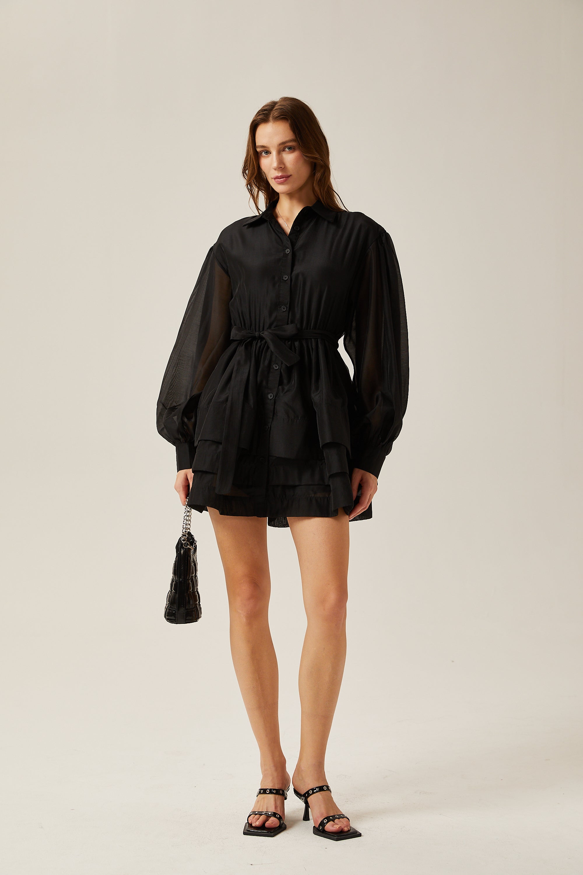 Estelle black long-sleeve tiered mini dress