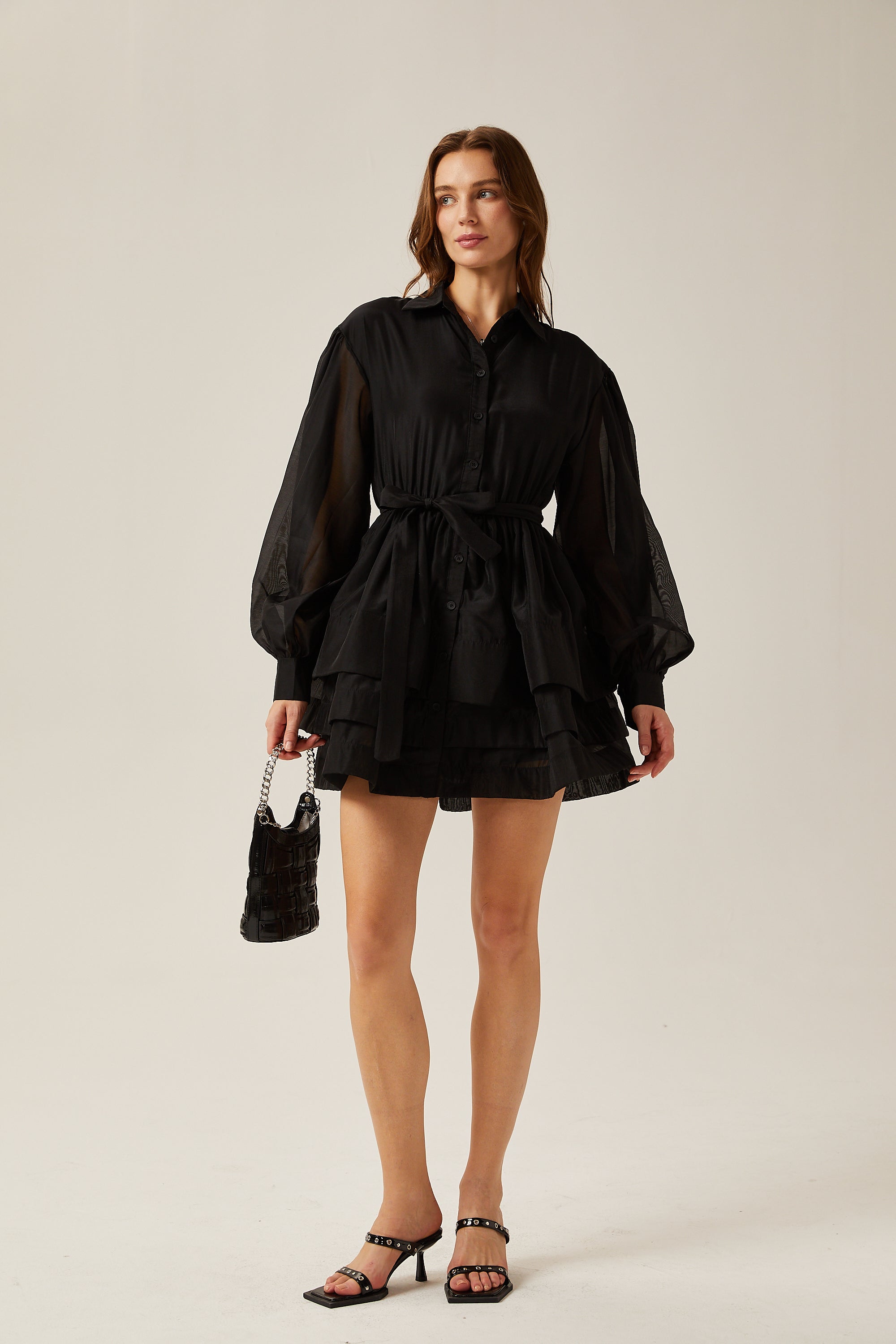 Estelle black long-sleeve tiered mini dress