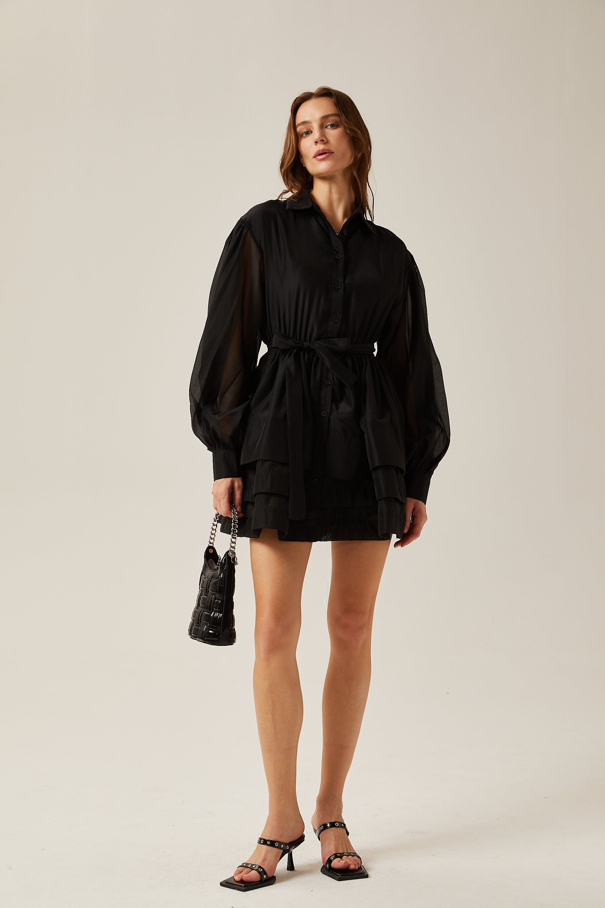 Estelle black long-sleeve tiered mini dress