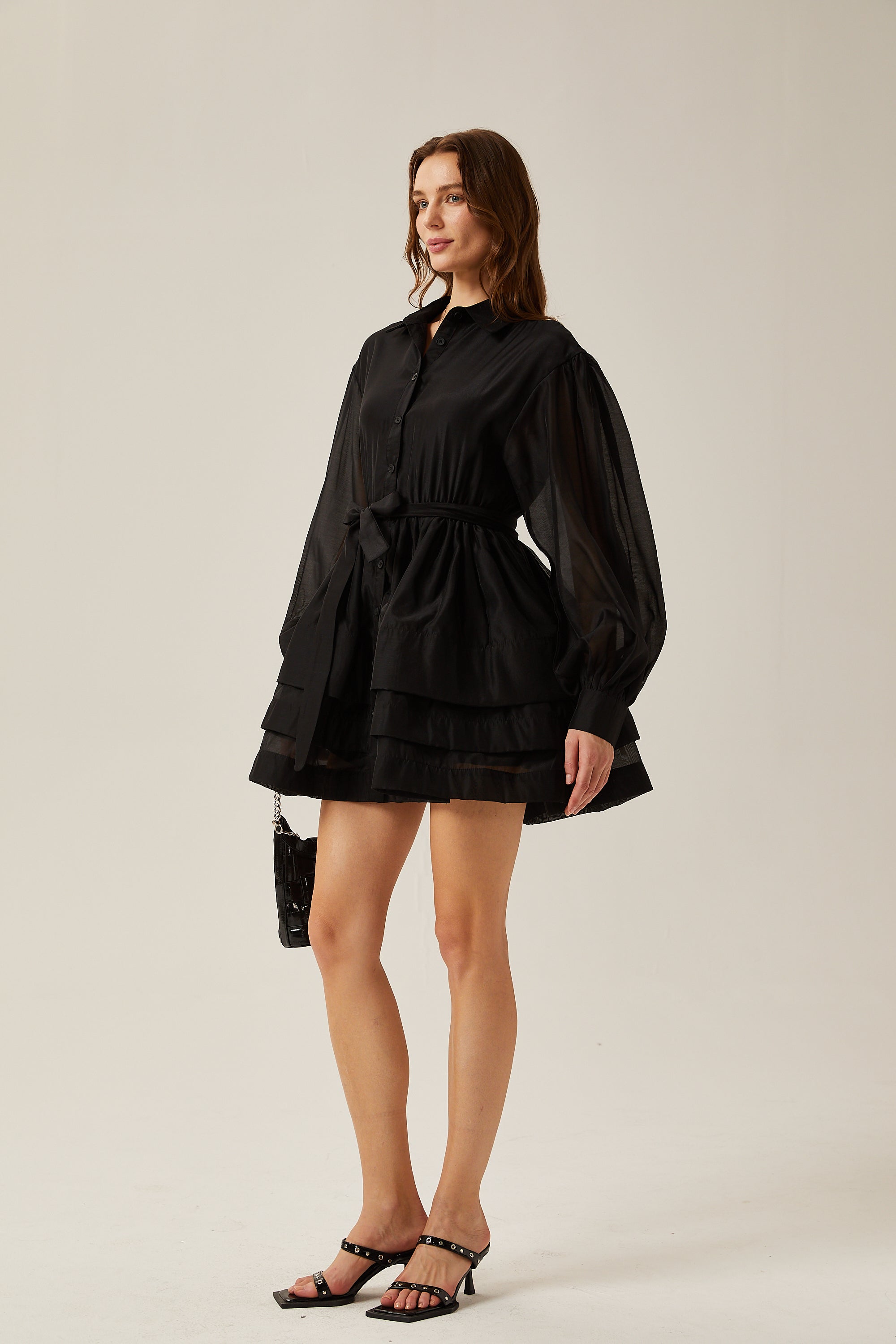 Estelle black long-sleeve tiered mini dress