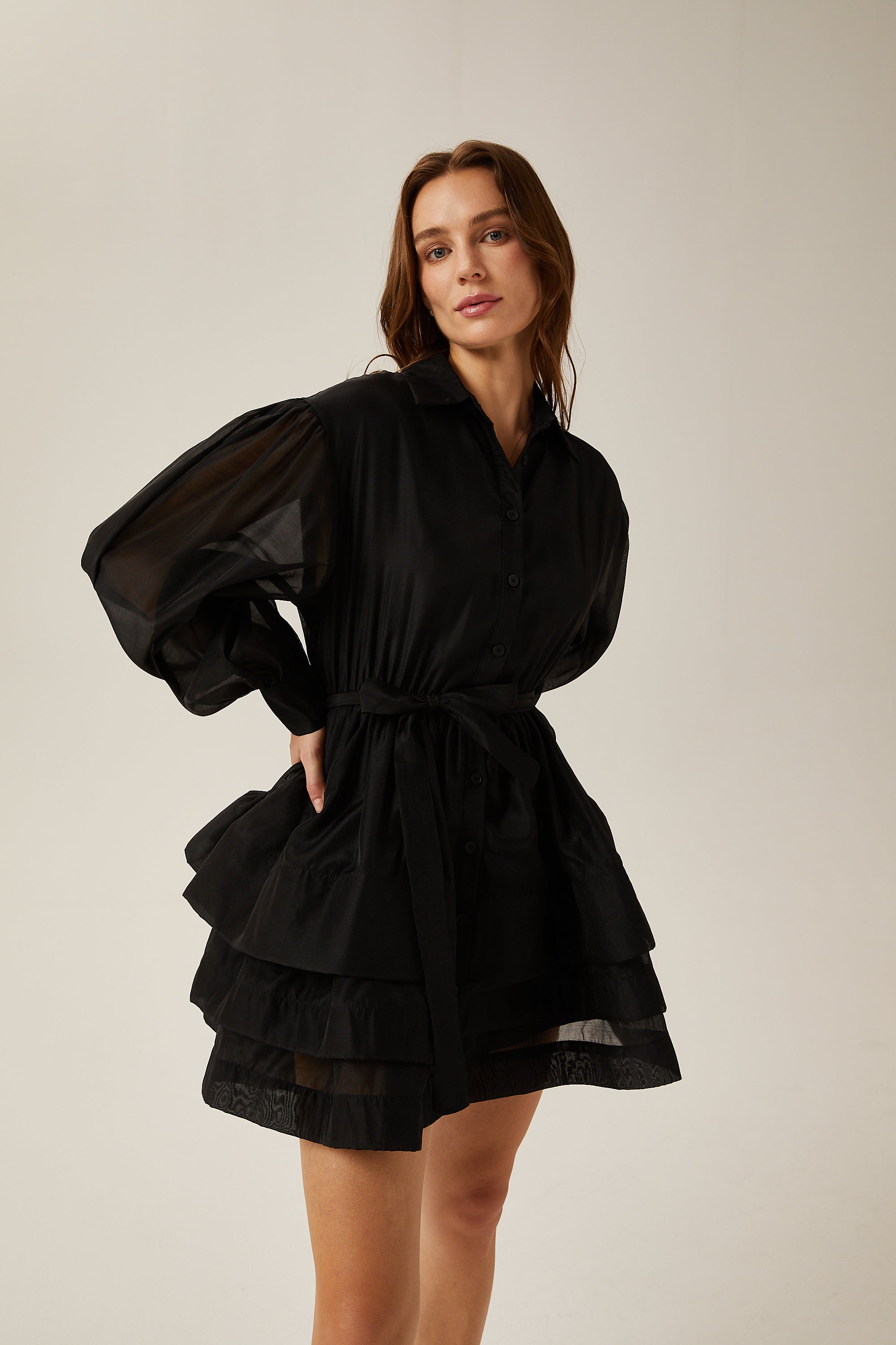 Estelle black long-sleeve tiered mini dress