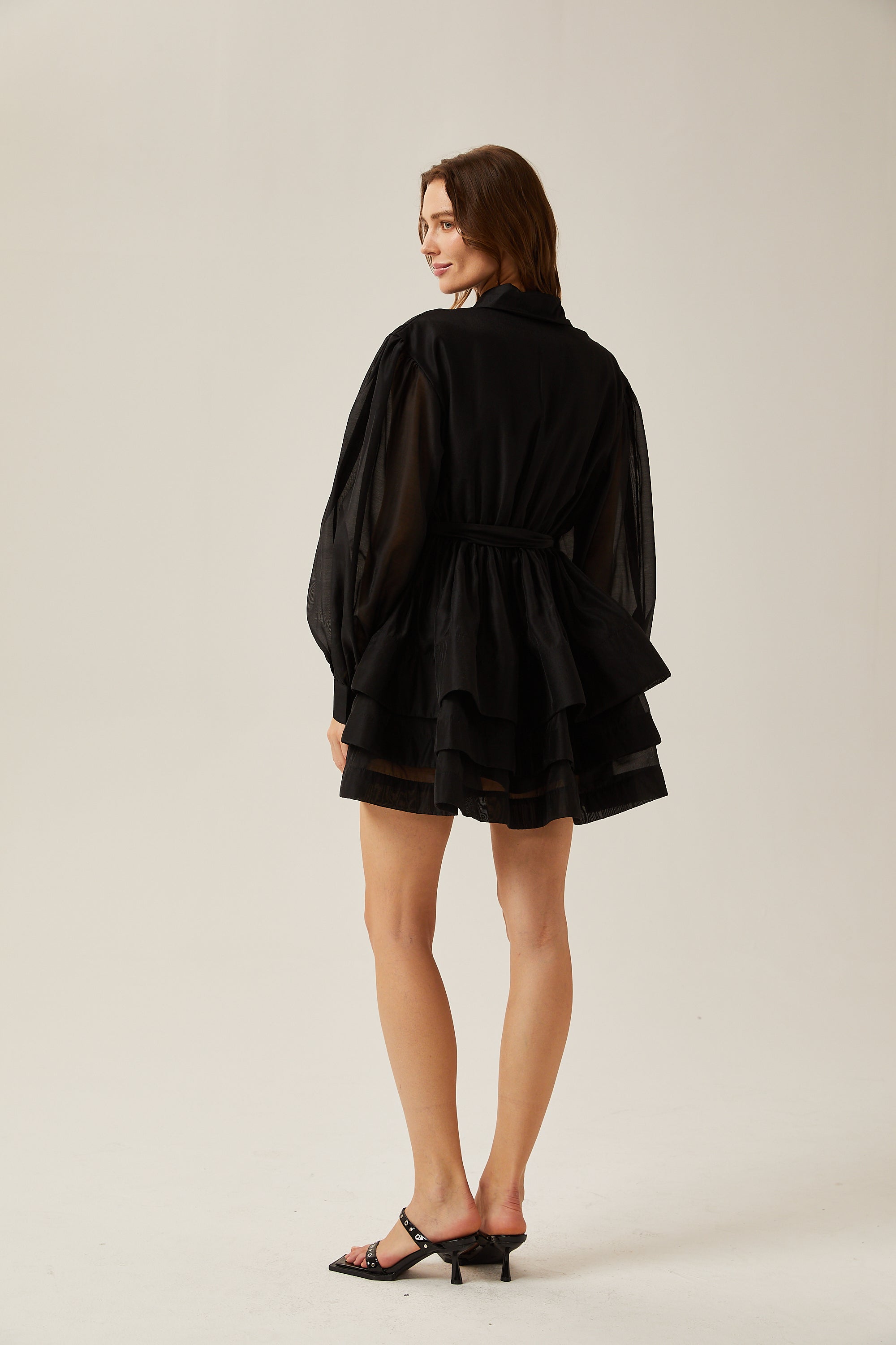 Estelle black long-sleeve tiered mini dress