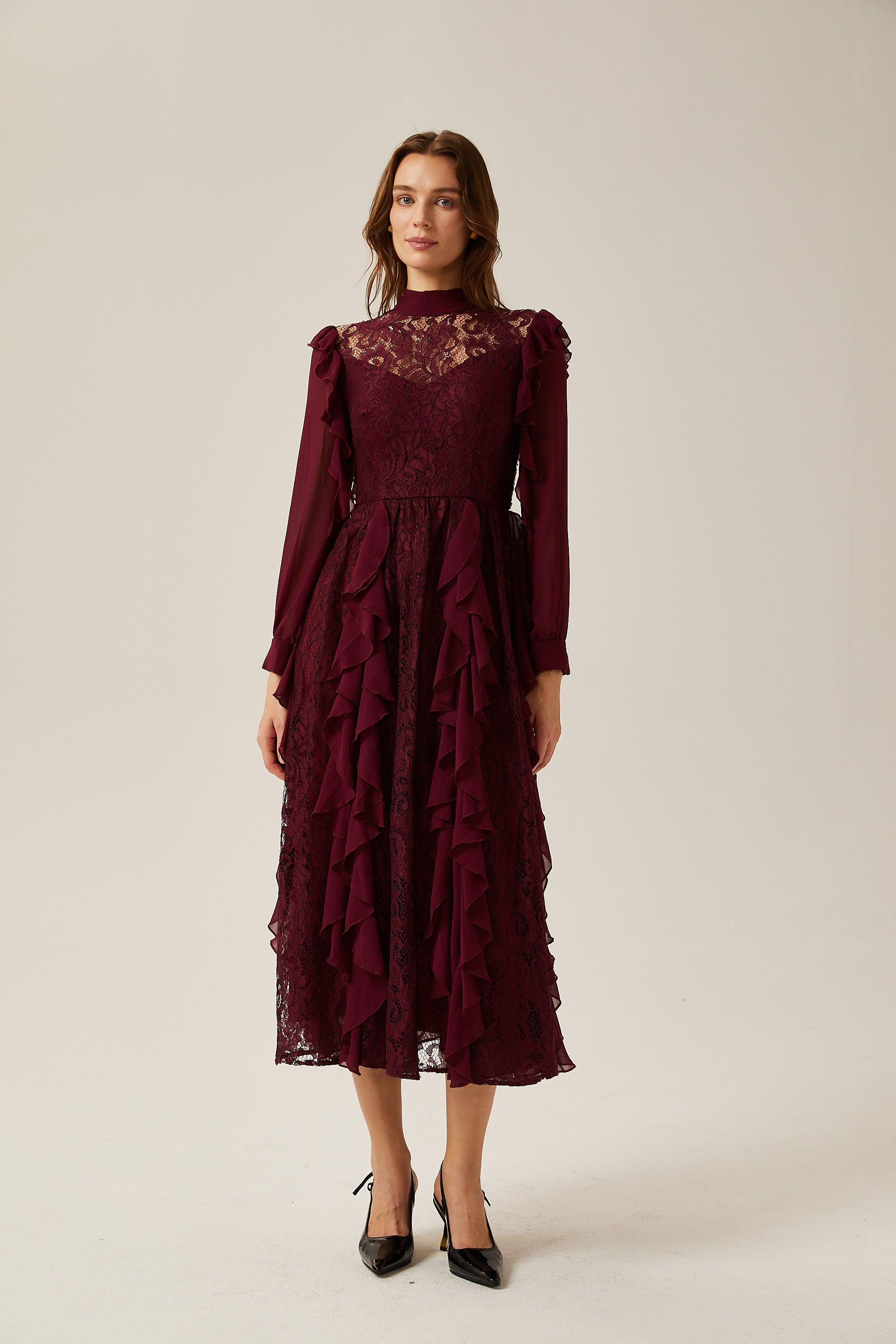 Jocelyne red lace ruffled midi dress