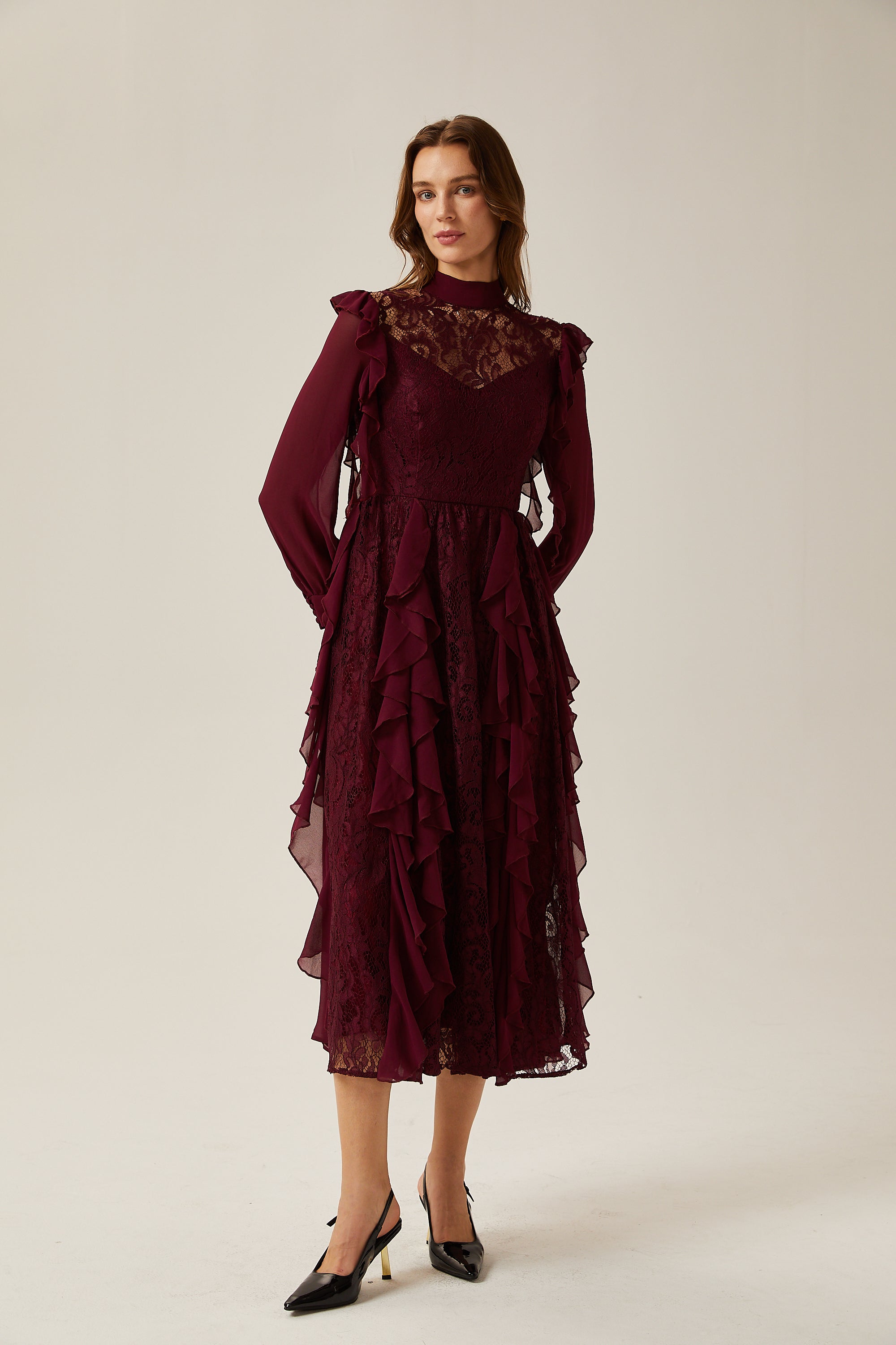 Jocelyne red lace ruffled midi dress