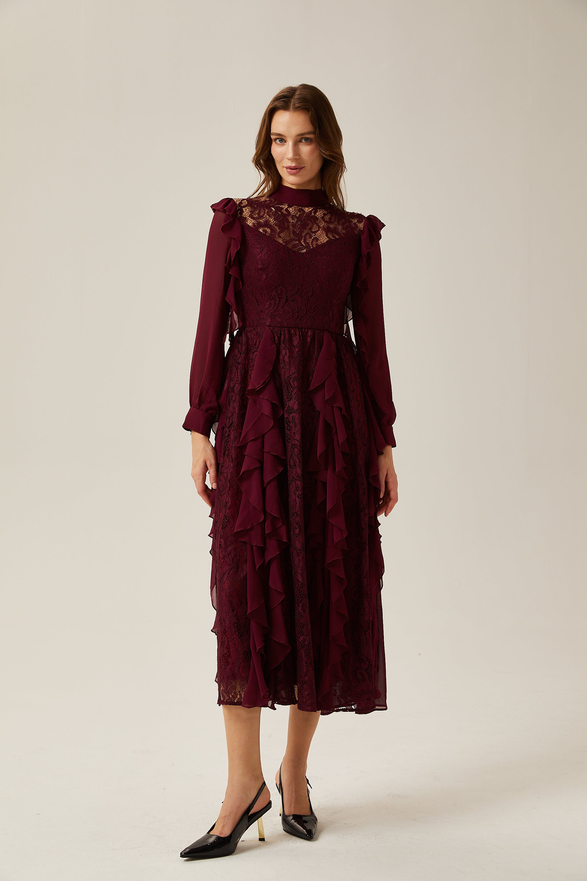 Jocelyne red lace ruffled midi dress