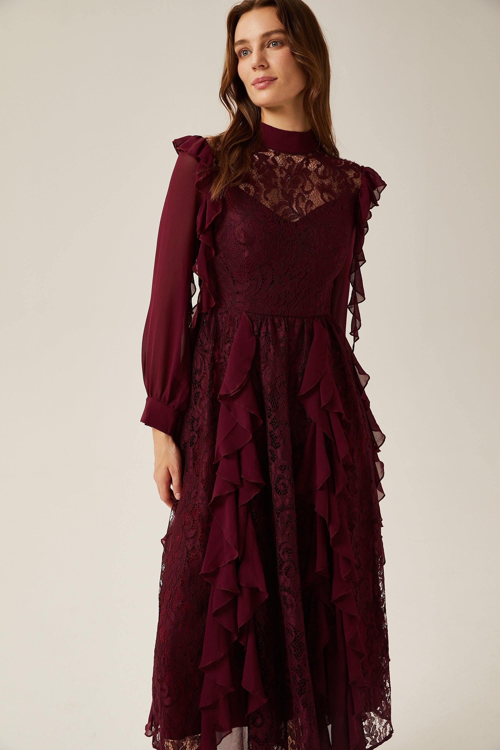 Jocelyne red lace ruffled midi dress