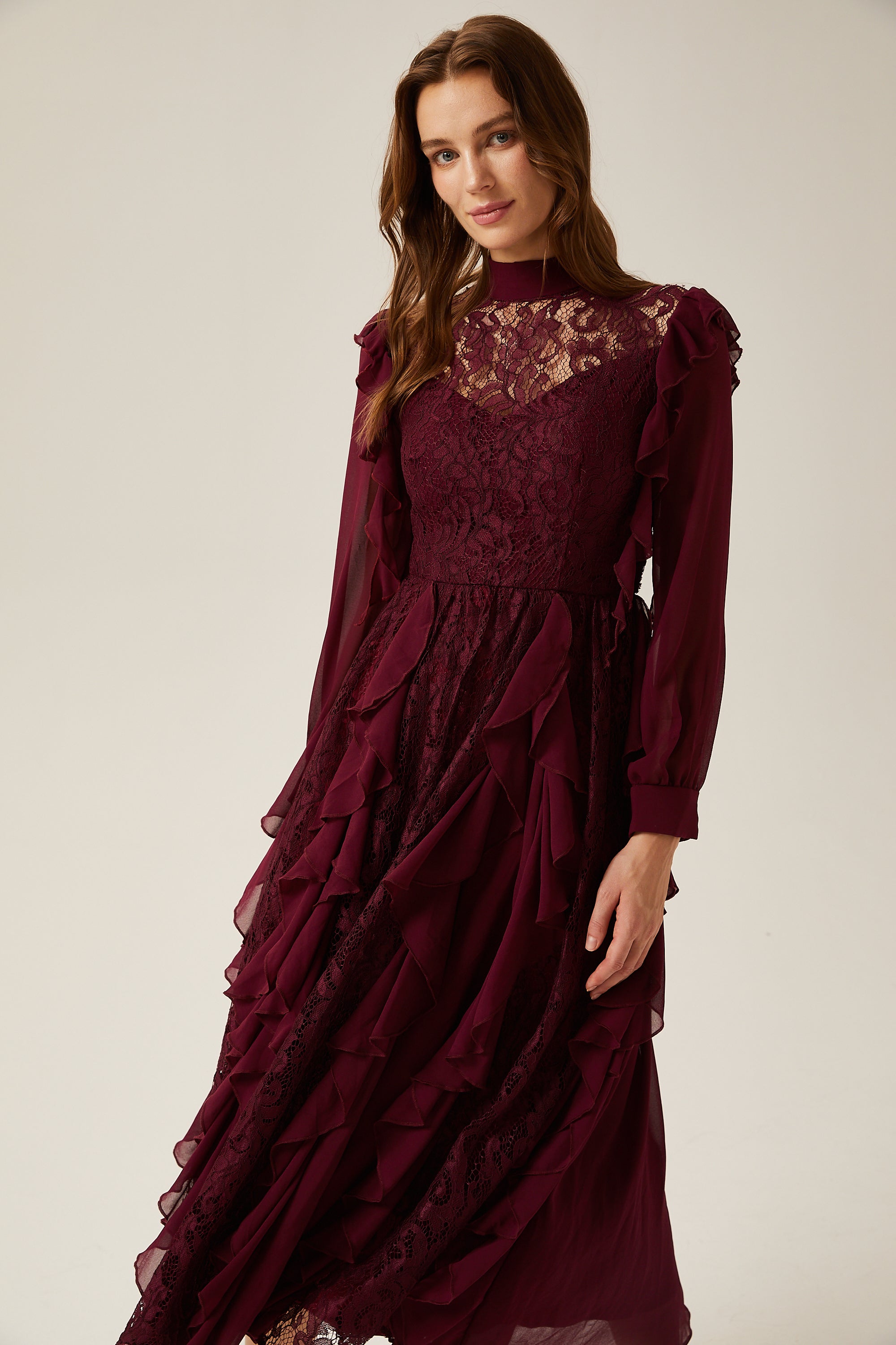 Jocelyne red lace ruffled midi dress