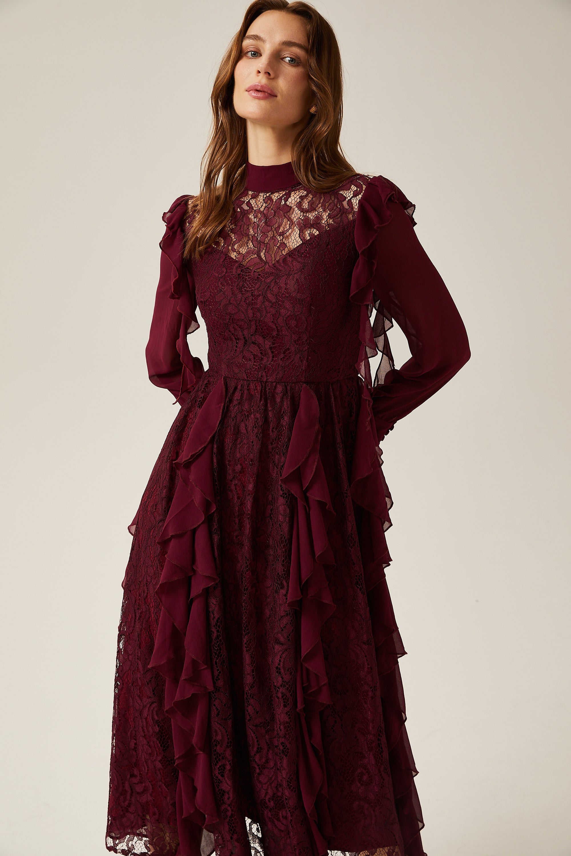 Jocelyne red lace ruffled midi dress