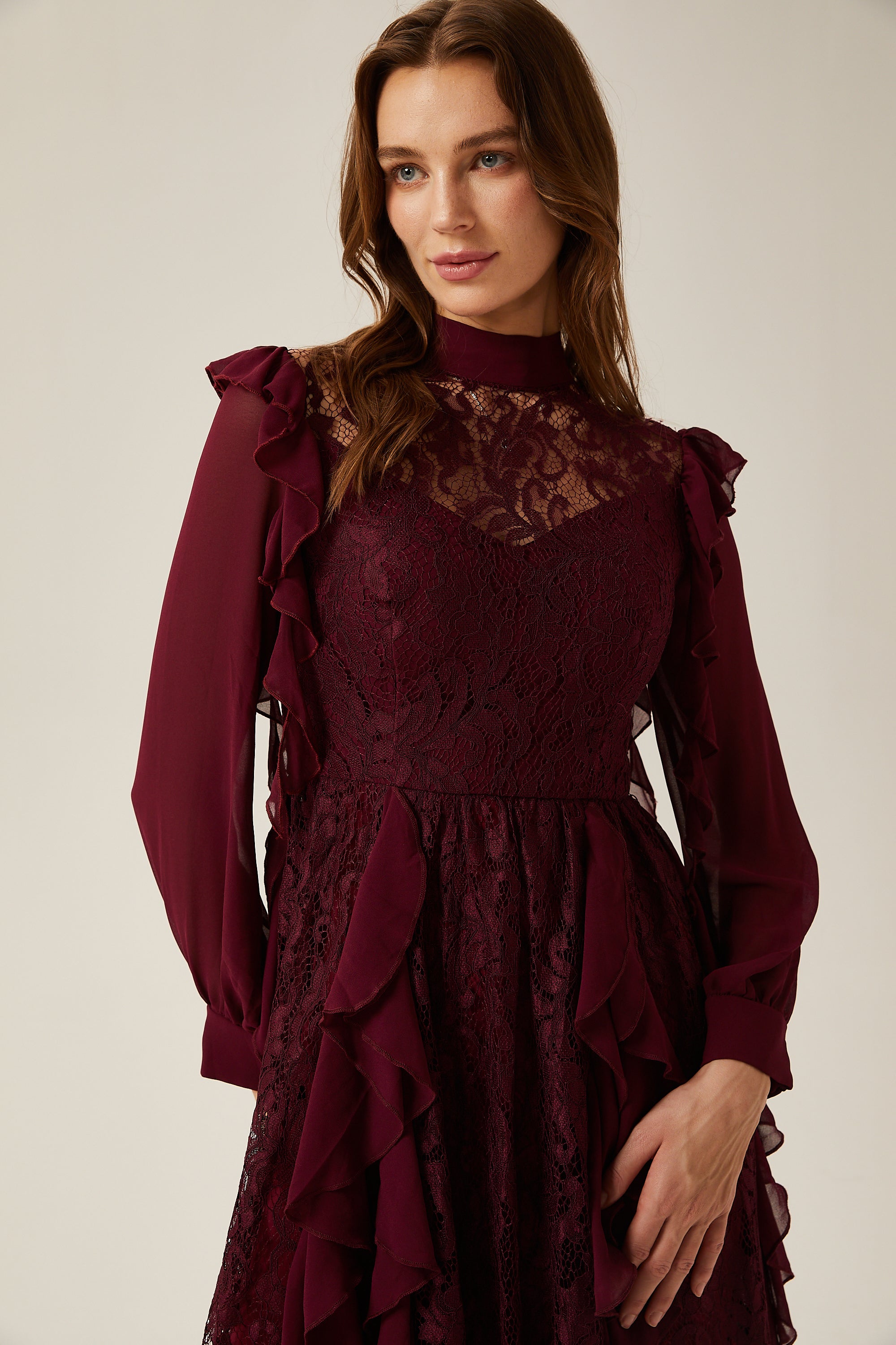 Jocelyne red lace ruffled midi dress