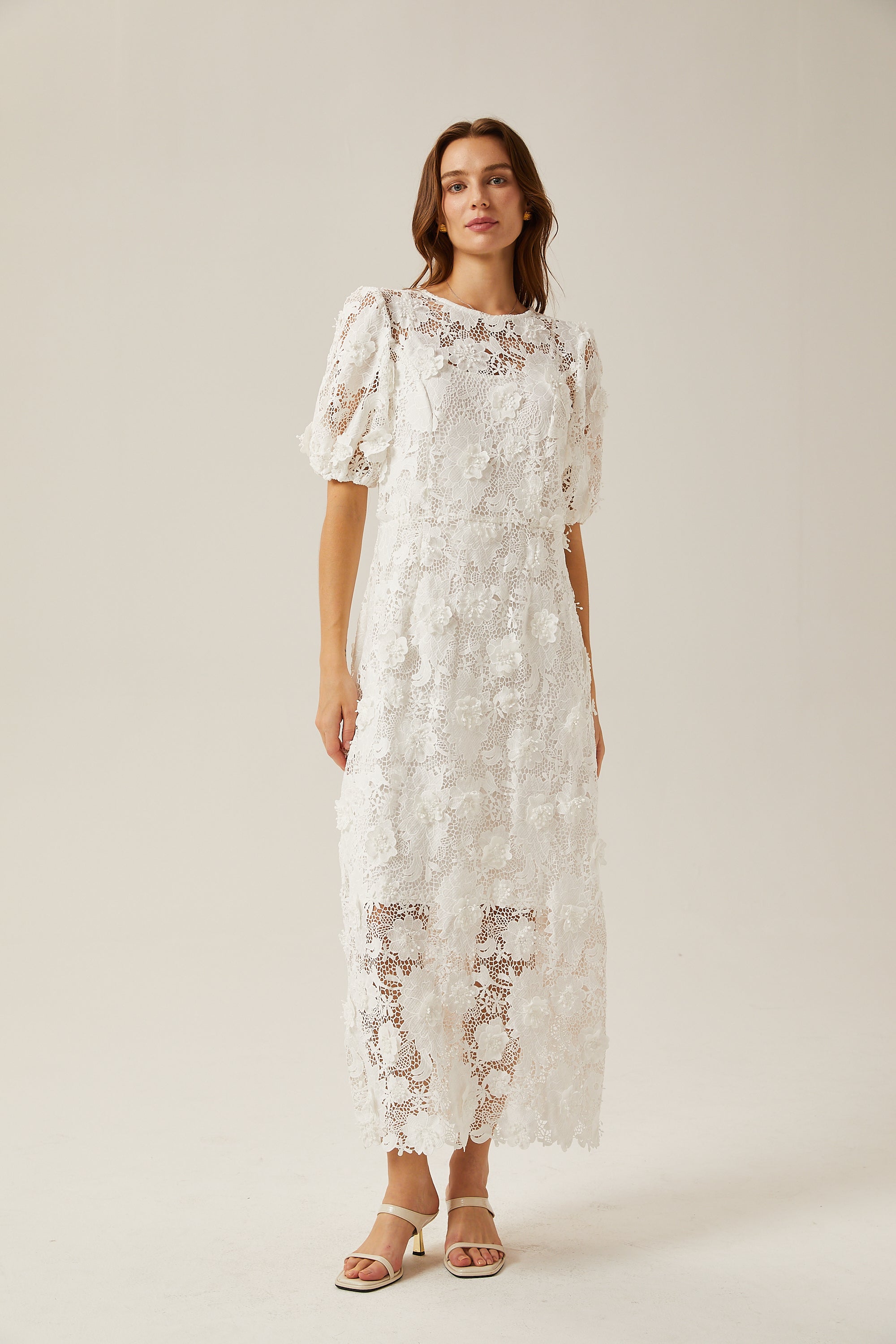 Valérie white floral lace midi dress