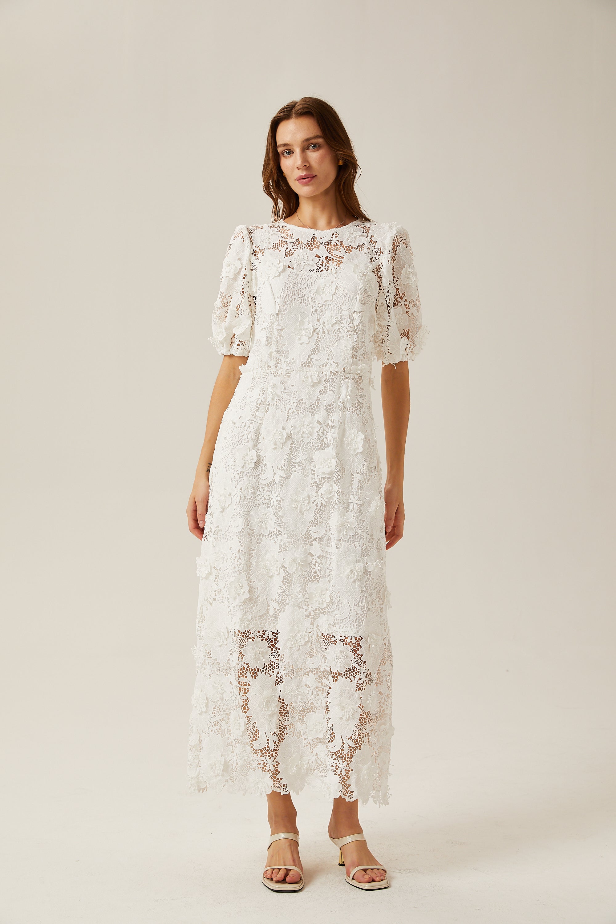 Valérie white floral lace midi dress