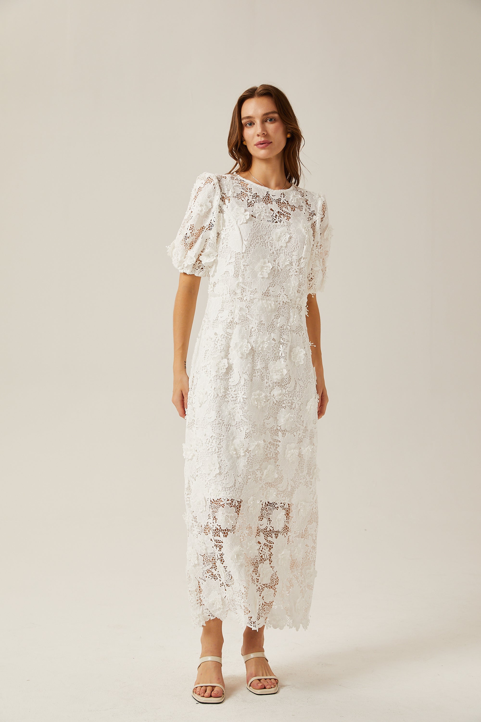 Valérie white floral lace midi dress