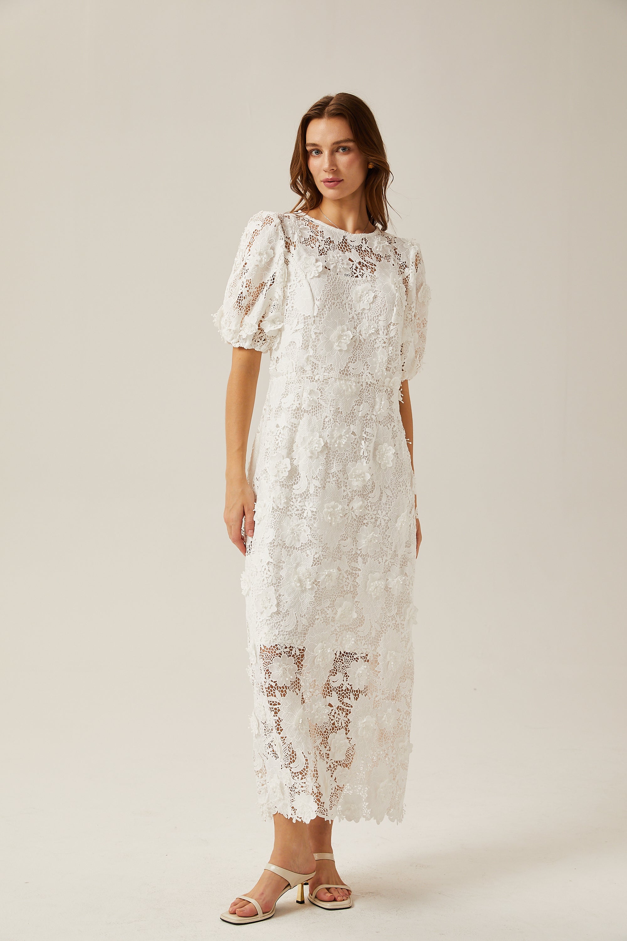 Valérie white floral lace midi dress