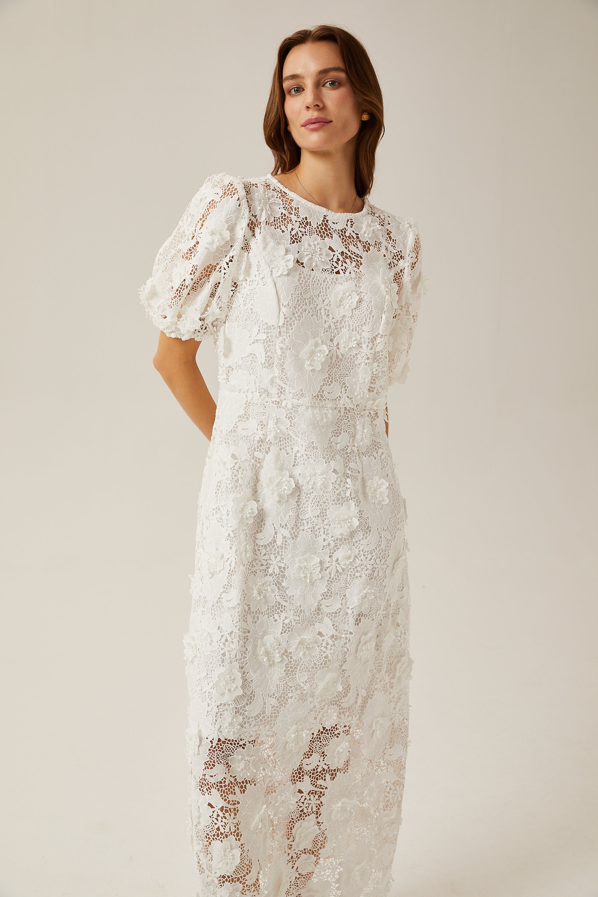 Valérie white floral lace midi dress