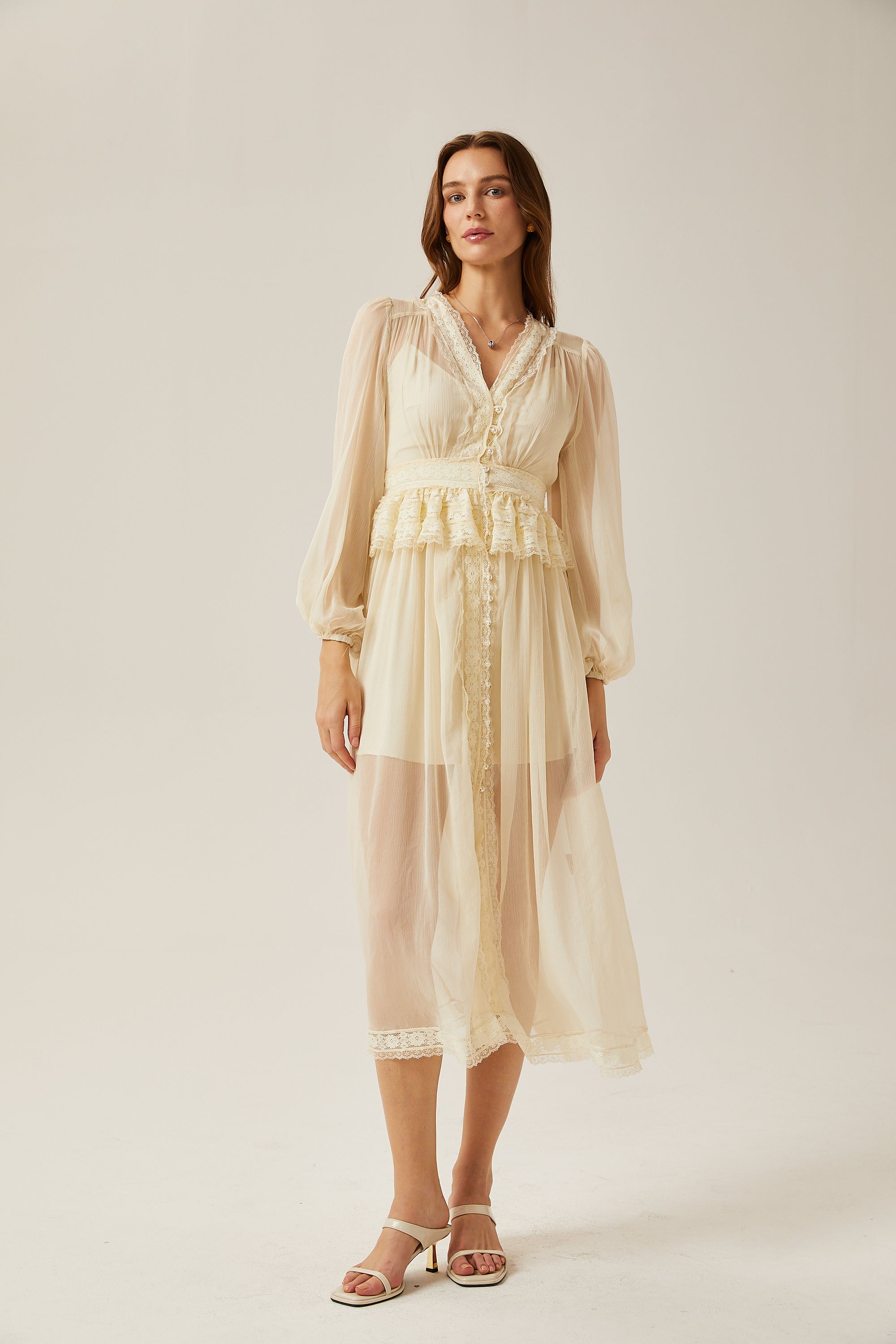 Delphine lace-trim semi-sheer midi dress