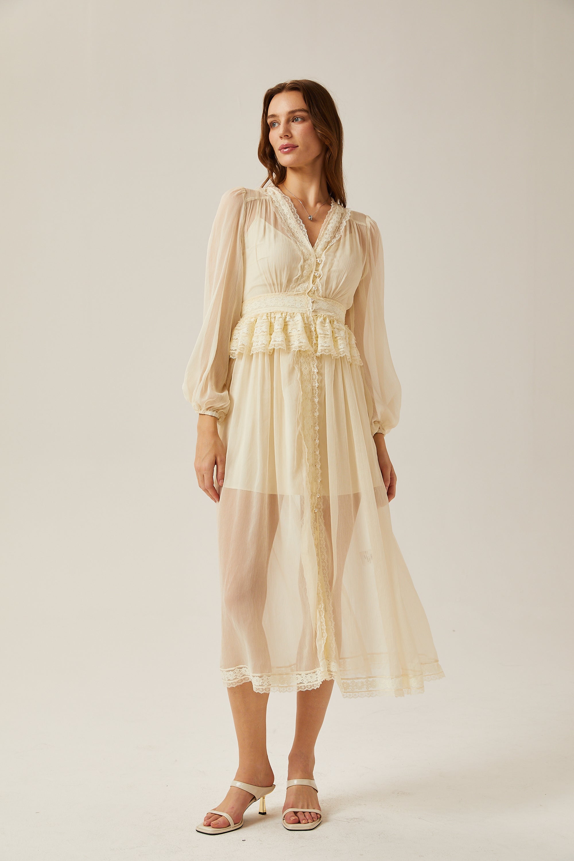 Delphine lace-trim semi-sheer midi dress