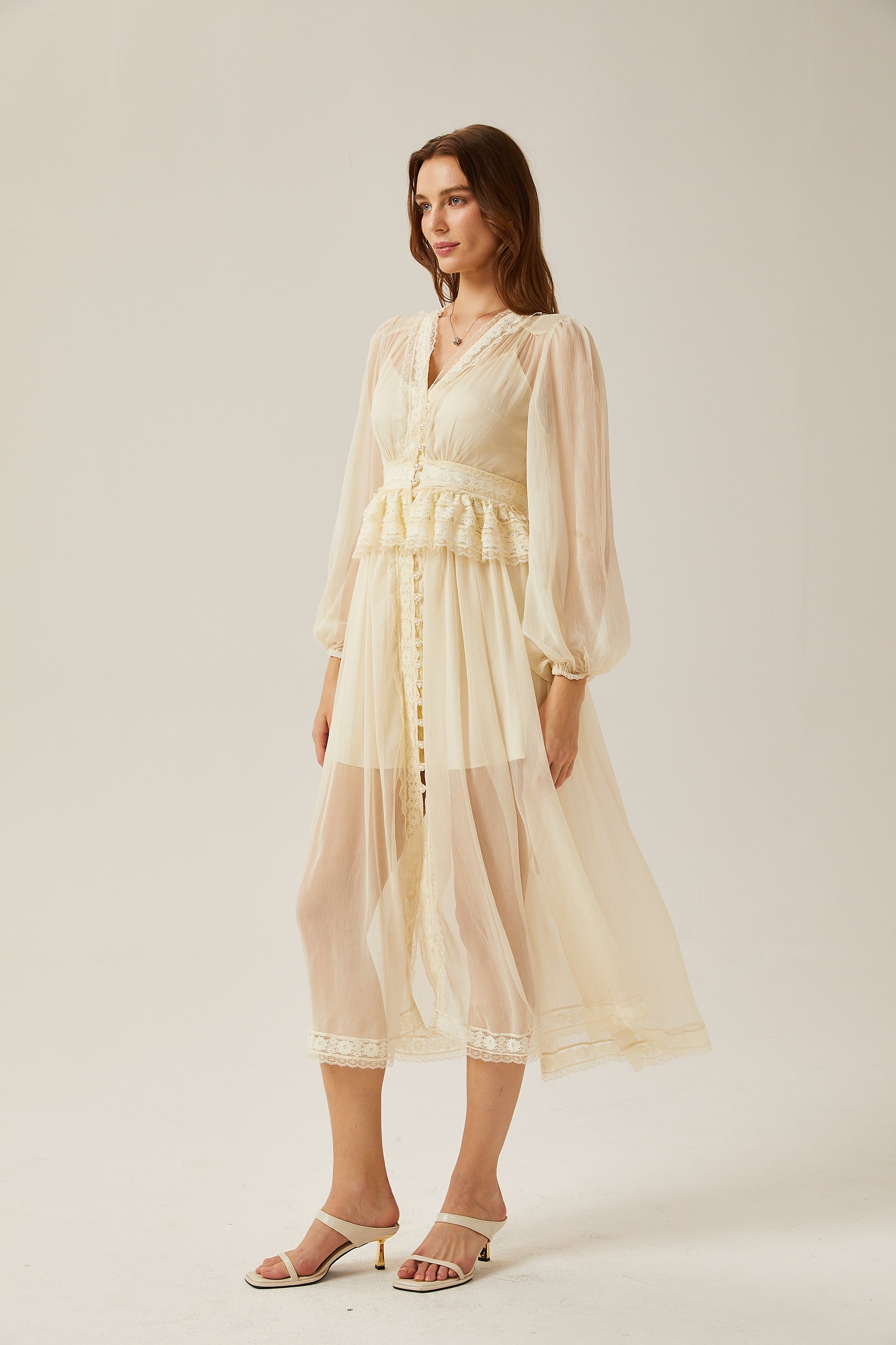 Delphine lace-trim semi-sheer midi dress