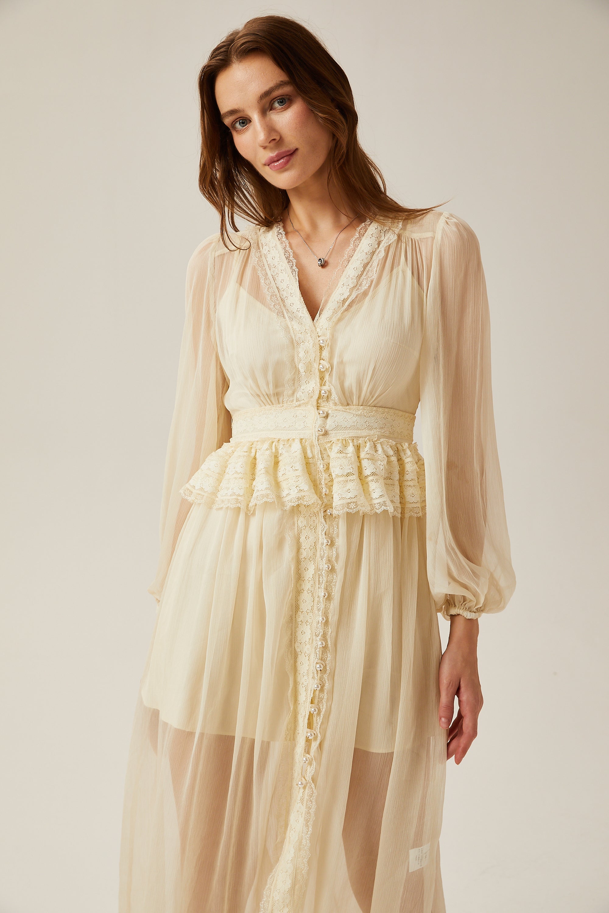 Delphine lace-trim semi-sheer midi dress