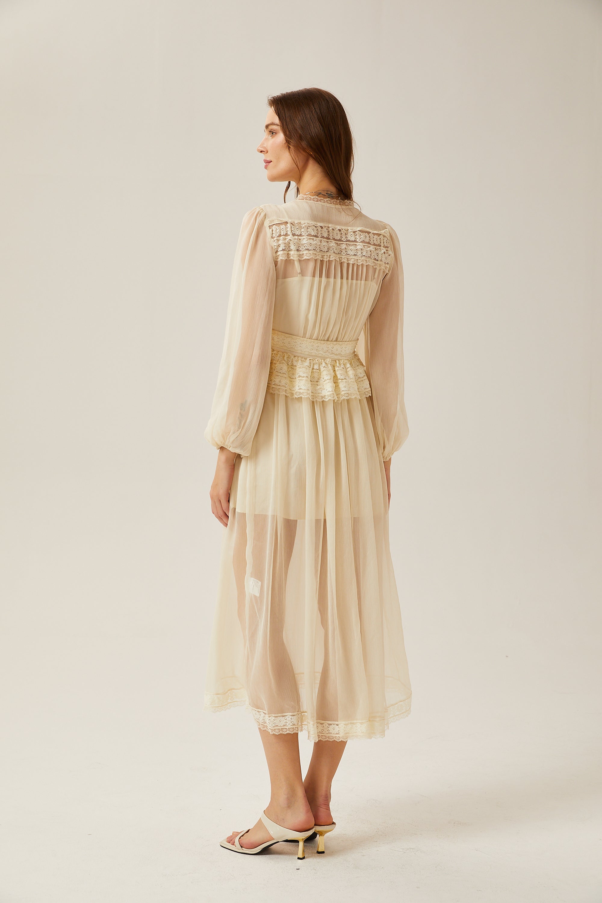 Delphine lace-trim semi-sheer midi dress